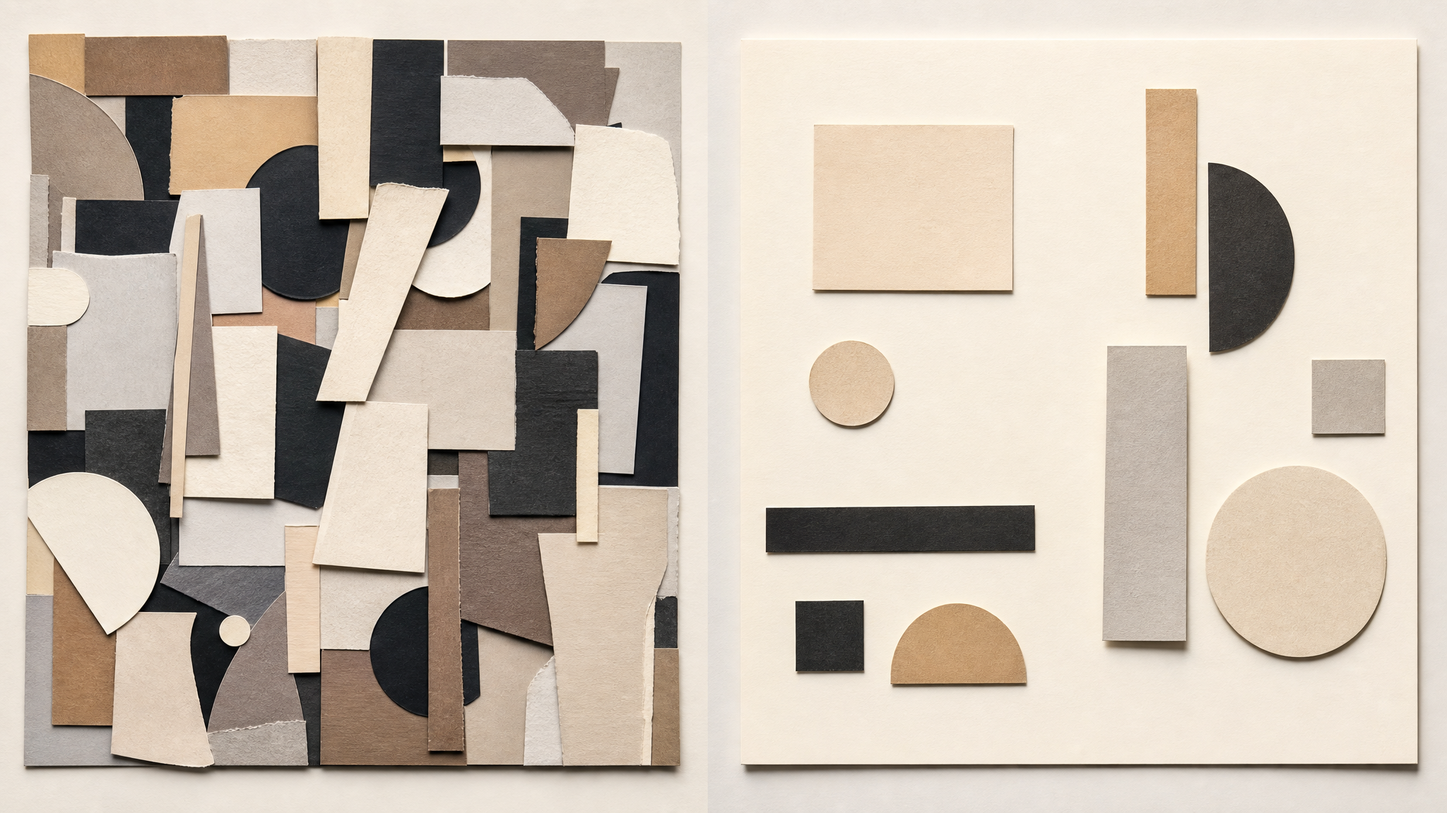 Stacked words in a cramped composition contrasted with a cleaner spacious version beside it