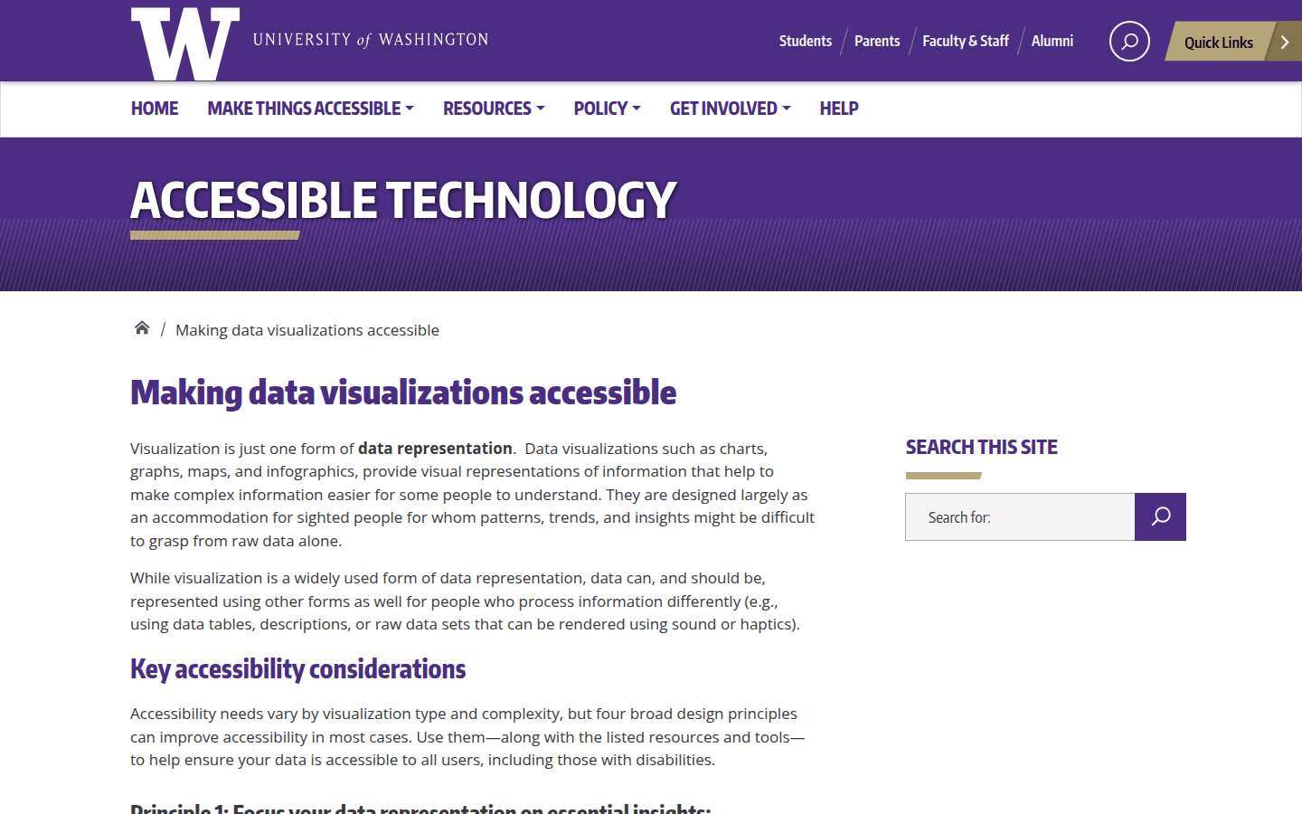 Screenshot of the University of Washington's 'Making data visualizations accessible' page, showing examples of accessible chart design.