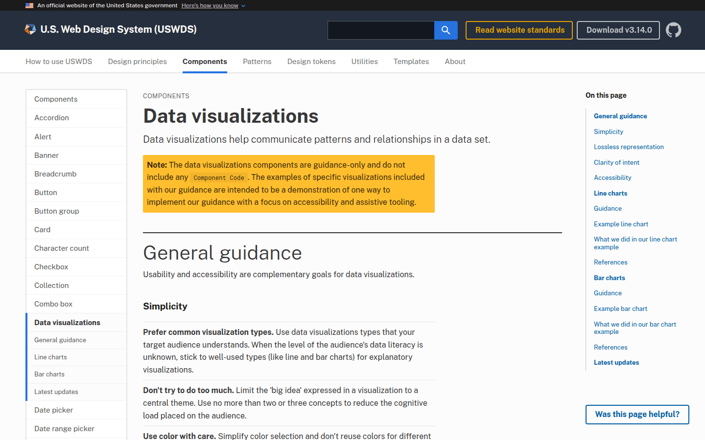Screenshot of the USWDS Data Visualizations component page, illustrating principles for accessible chart design.
