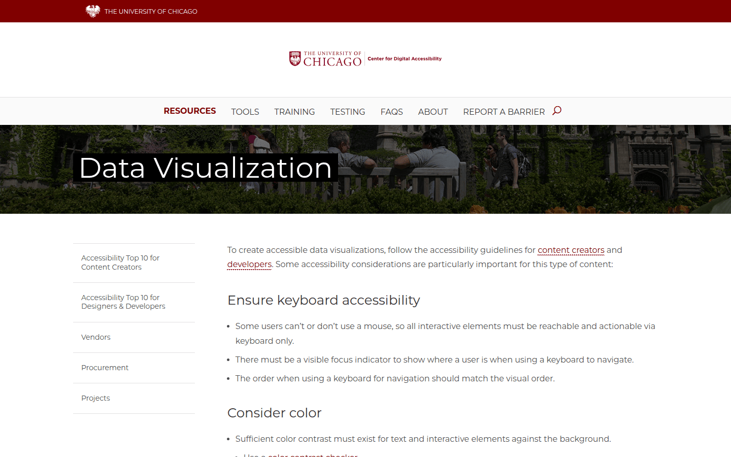 Screenshot of the University of Chicago's 'Data Visualization' accessibility resources page, showing advice on keyboard navigation.