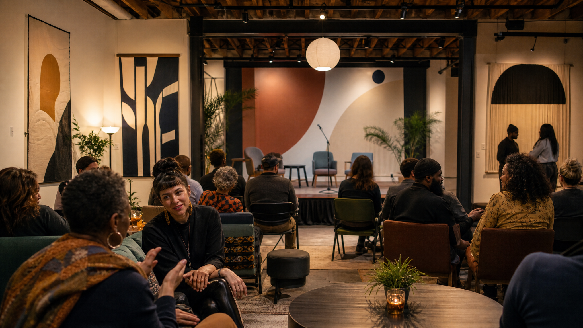 An intimate cultural event space with seating, stage lighting, and people gathered in discussion rather than facing a sponsor wall