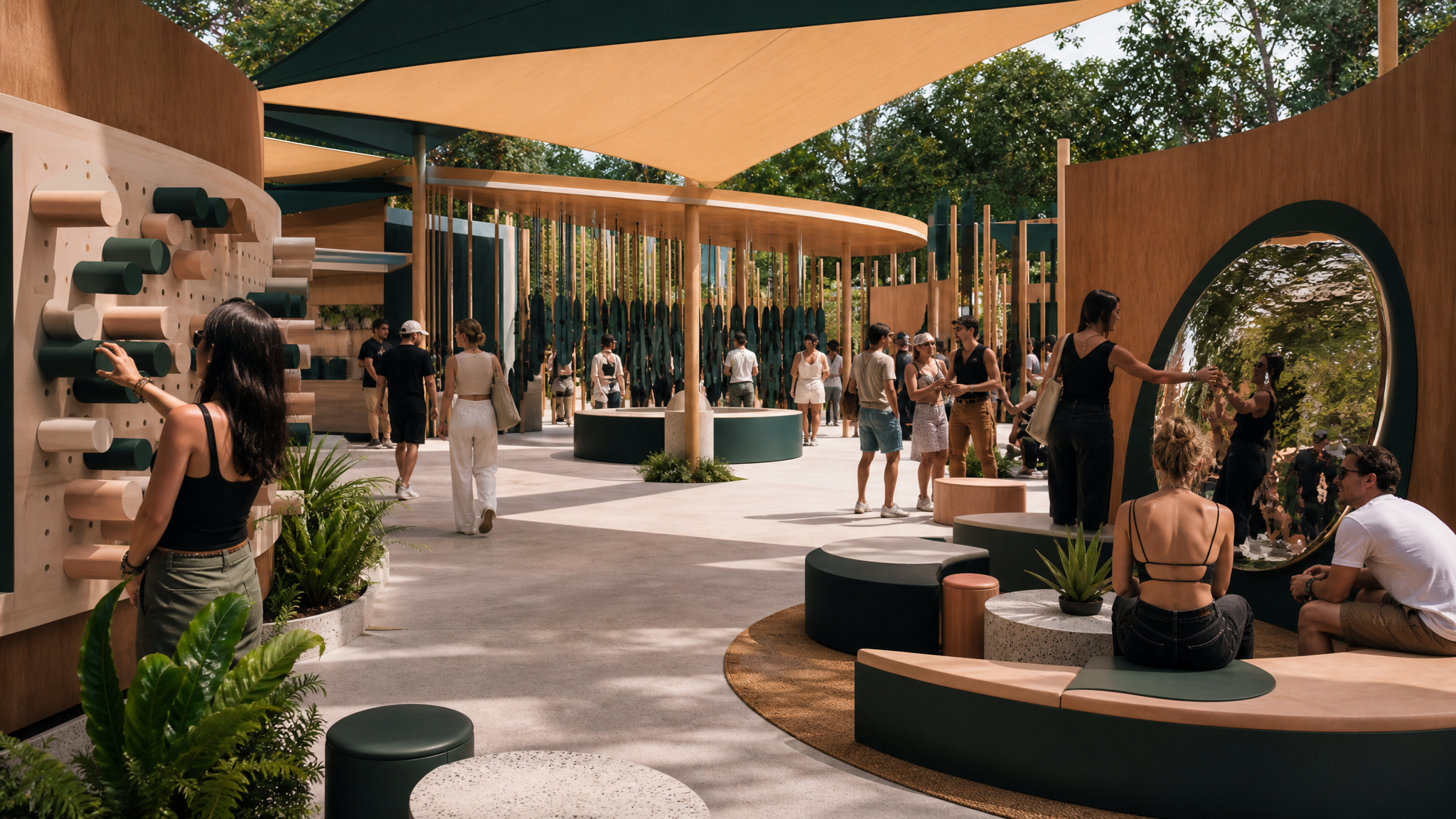 A branded event booth designed with quiet materials, clear circulation, and a hands-on interaction area inside a larger festival setting