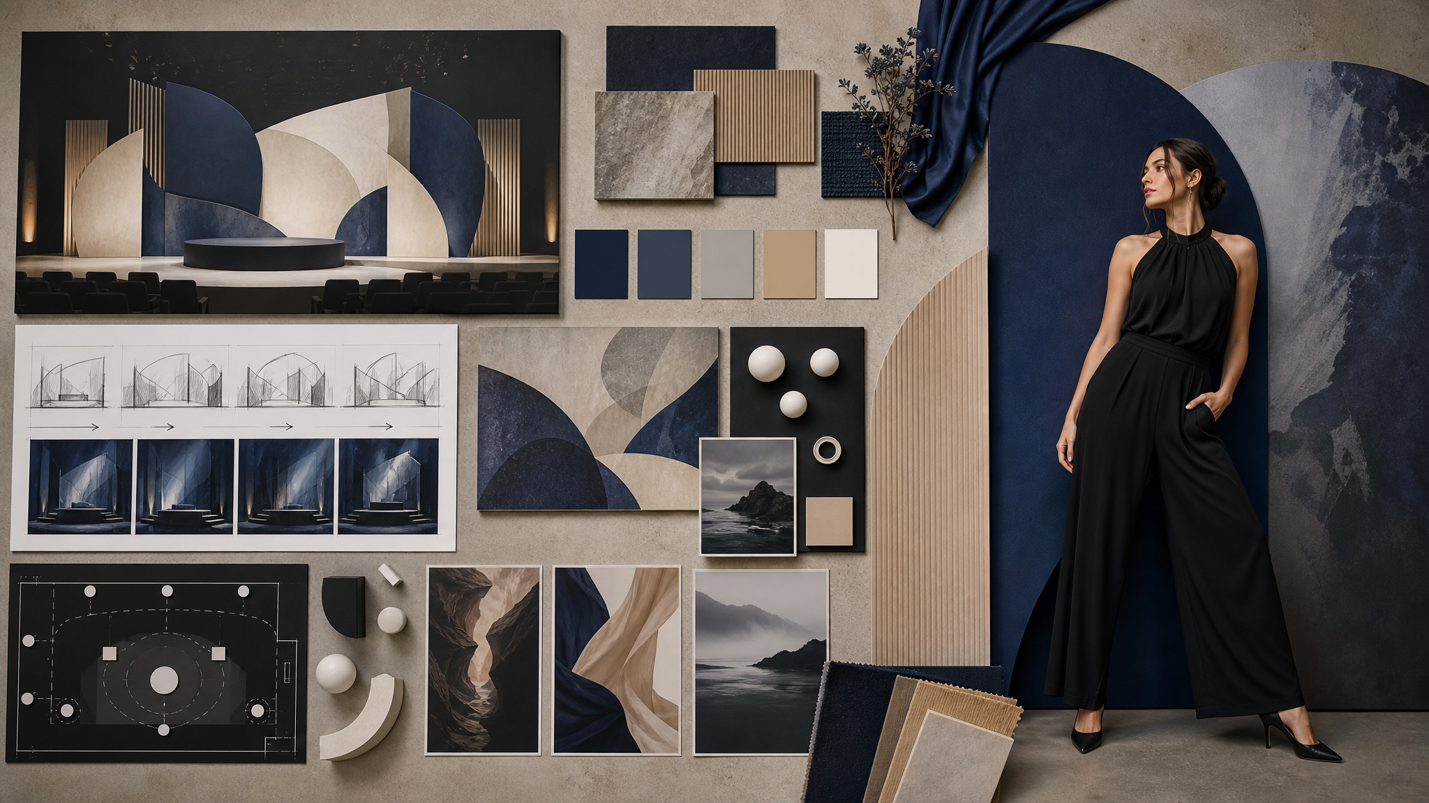 A wall of modular event identity components including color blocks, motion storyboard frames, stage backdrops, and directional elements laid out for consistency