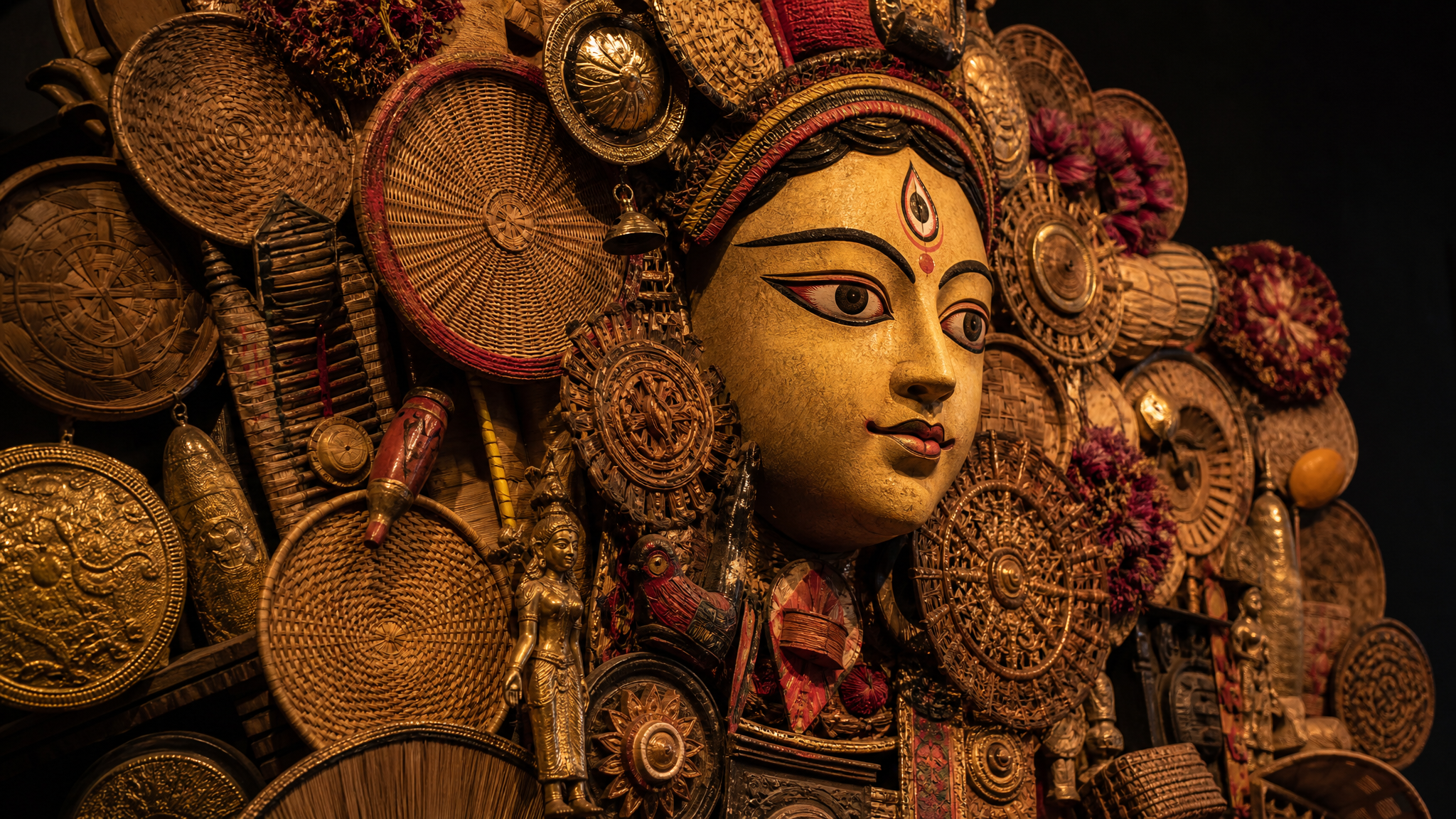 Close view of ritual objects arranged into a detailed sculptural installation