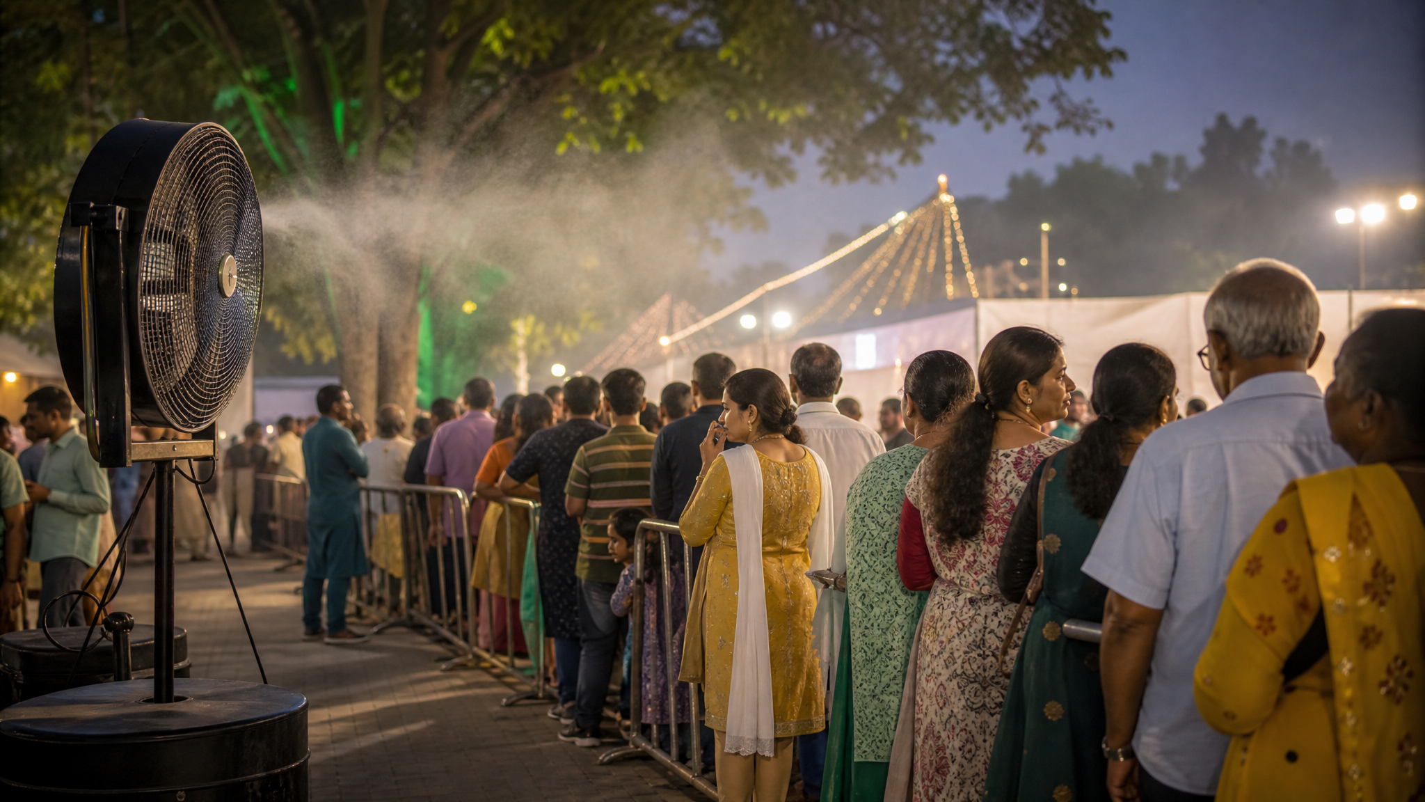 Crowd queue eased by a practical cooling setup during a public celebration