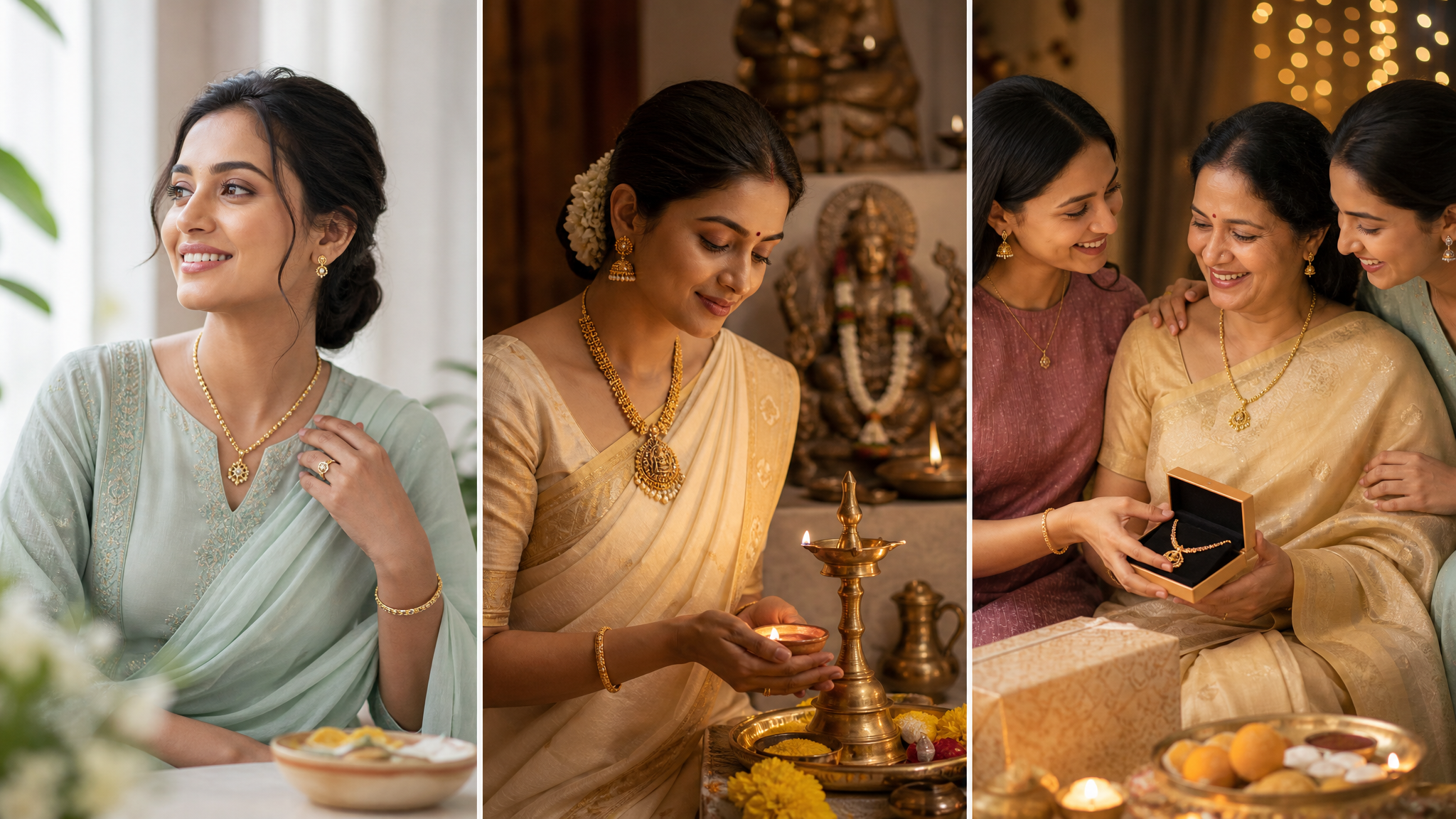 Three contrasting festive jewellery visual directions shown through styling themes of new beginnings, faith, and family
