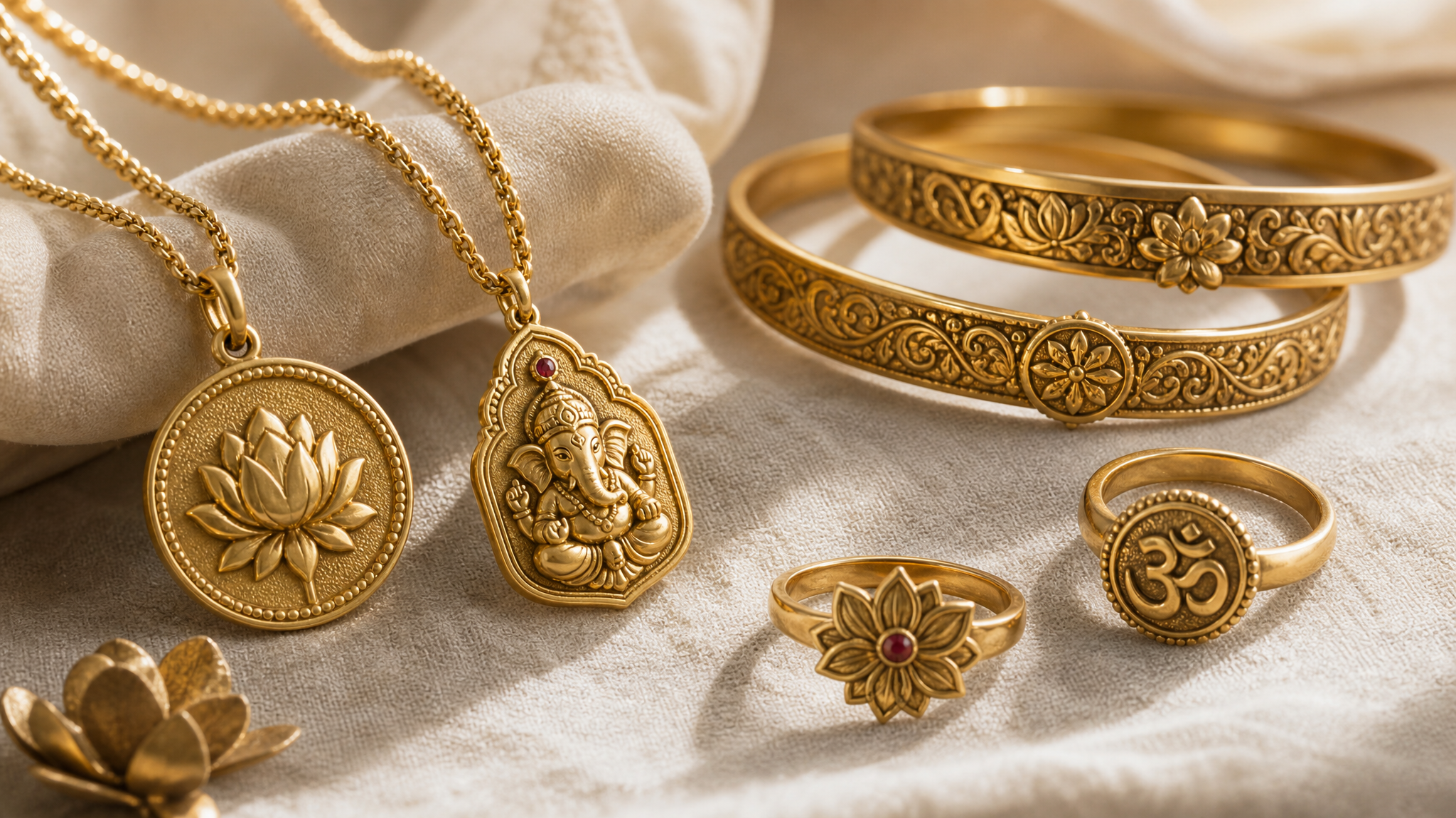 Close view of pendants, rings, and bangles using auspicious motifs with restrained detailing