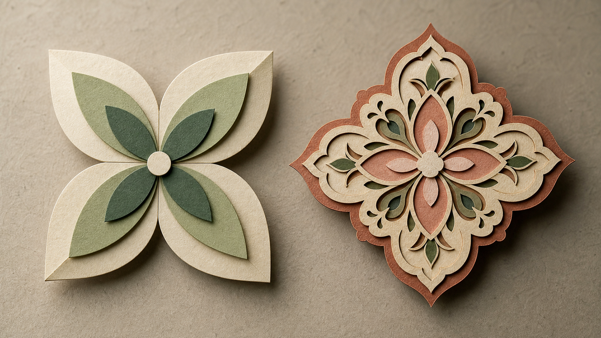 Close view of two similar four-petal floral motifs made from cut paper, one geometric and one more ornamental