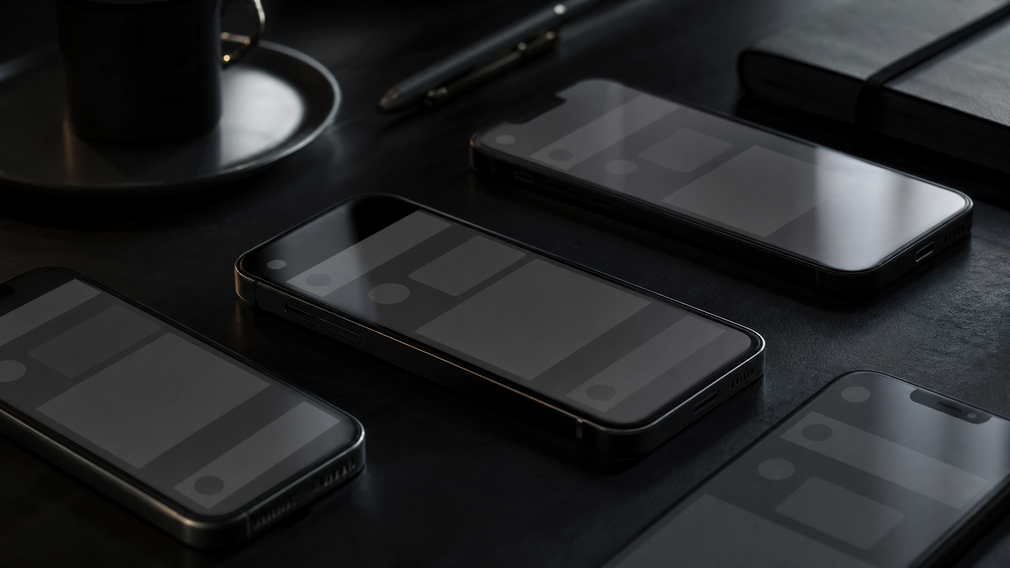 Dim smartphone screens on a desk showing blank social media feed layouts without visible branding