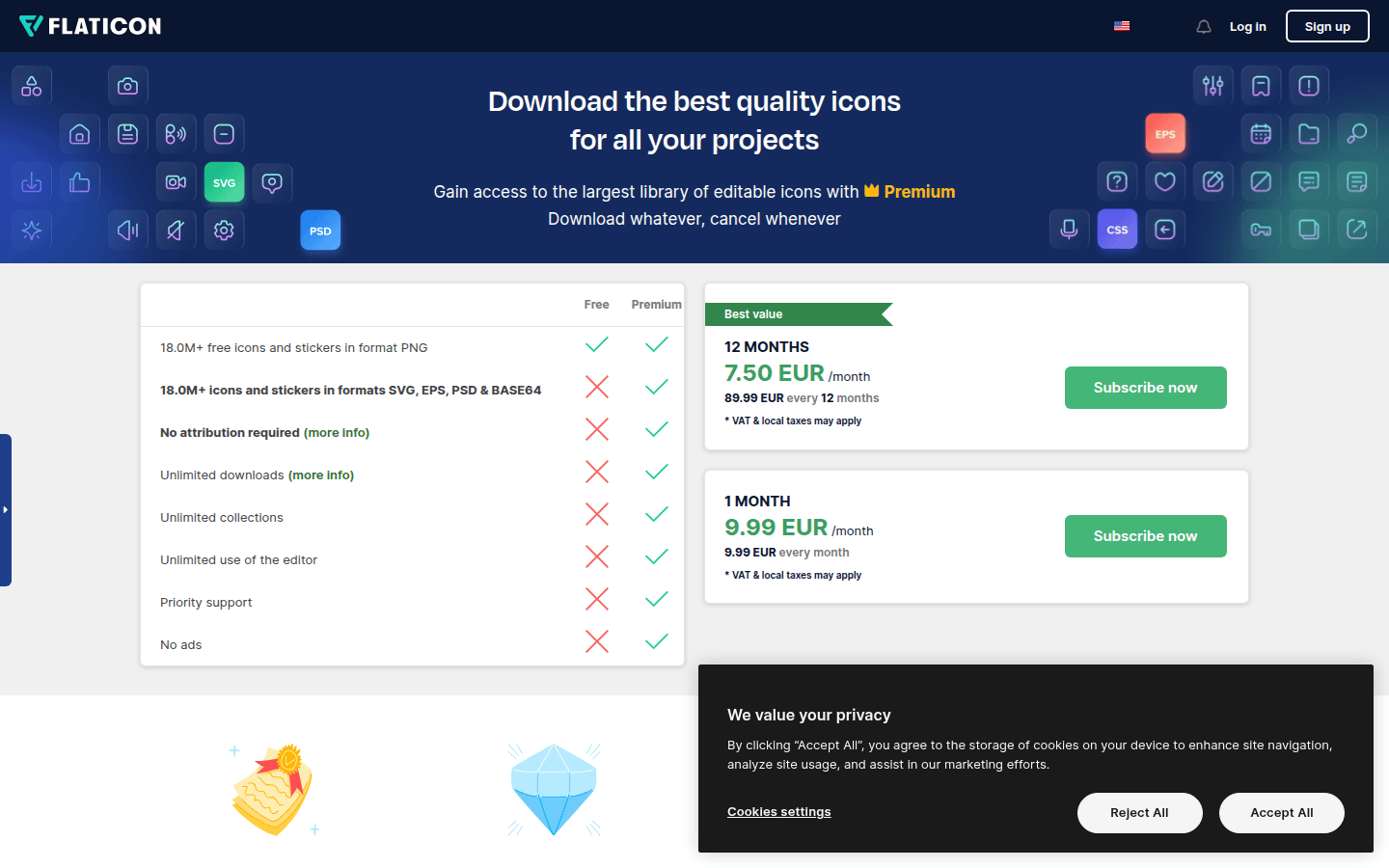 Screenshot of Flaticon's pricing page, showing the Premium option for attribution-free icon usage.