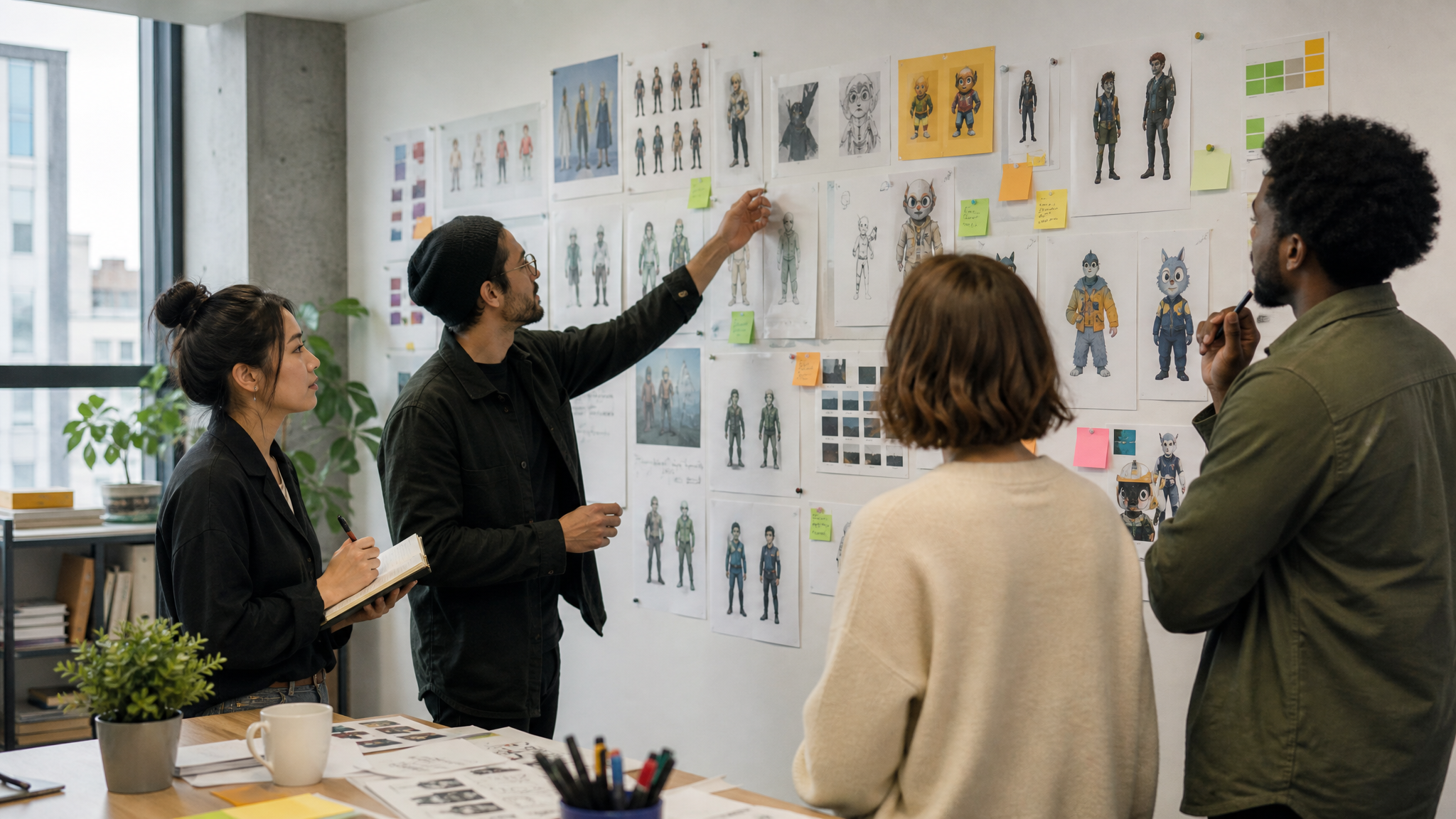 Creative team reviewing a fast approval workflow on a studio wall with printed character poses, legal notes, and content categories