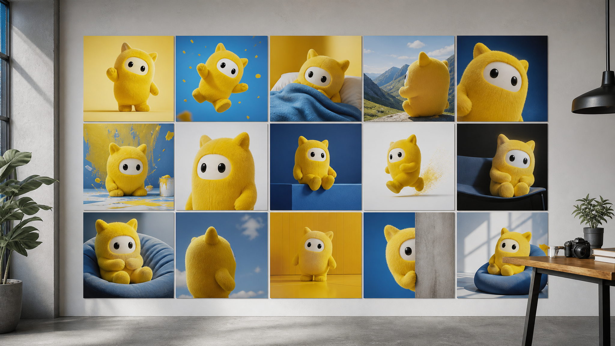 Grid of varied social-style visual assets pinned on a wall, all sharing the same mascot and color cues while differing in composition