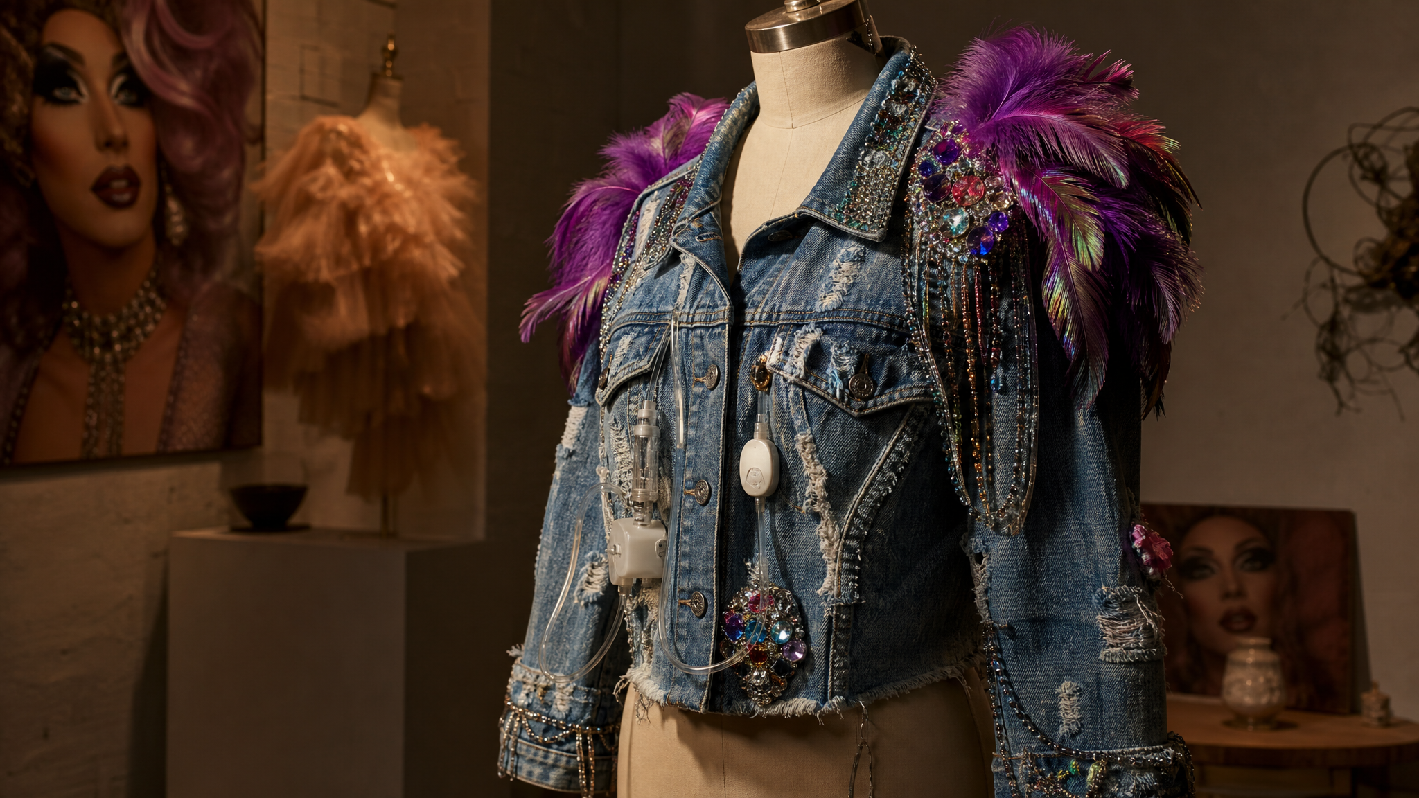 Denim jacket embellished with small trinkets and repurposed medical device details displayed as a performance costume