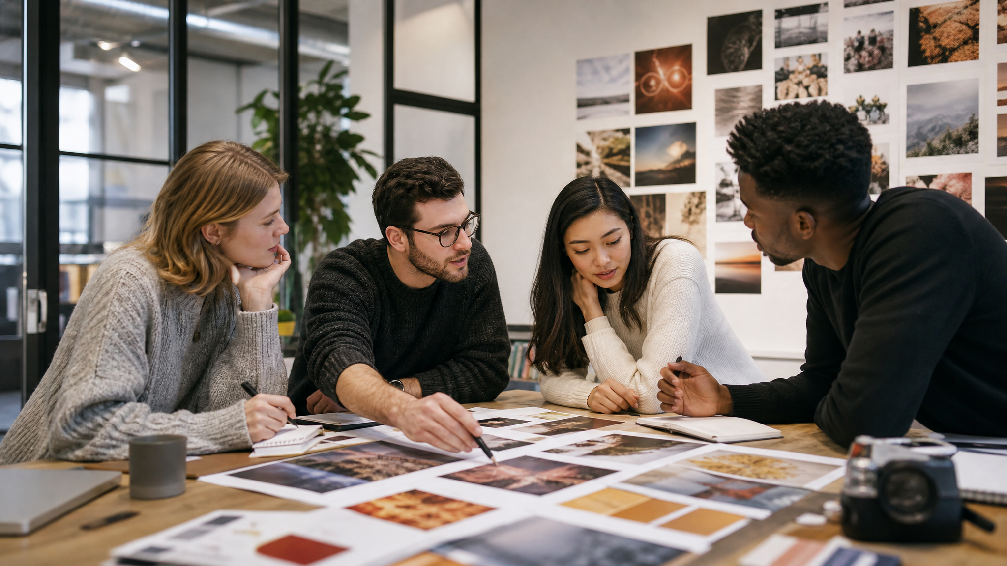 Marketing team planning article and social visuals at a collaborative workspace
