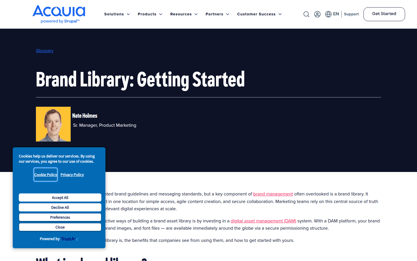 Screenshot of Acquia's Brand Library glossary page showing definitions and benefits.