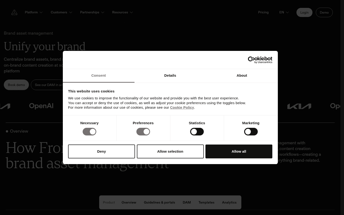 Screenshot of Frontify's brand asset management page, showing features for governance and centralized control.