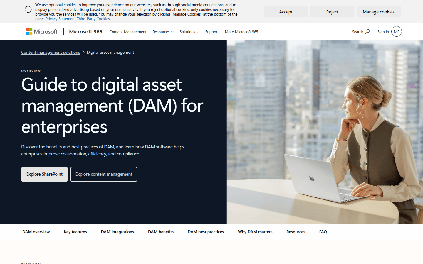 Screenshot of Microsoft 365 content management solutions page, highlighting DAM integration with enterprise tools.