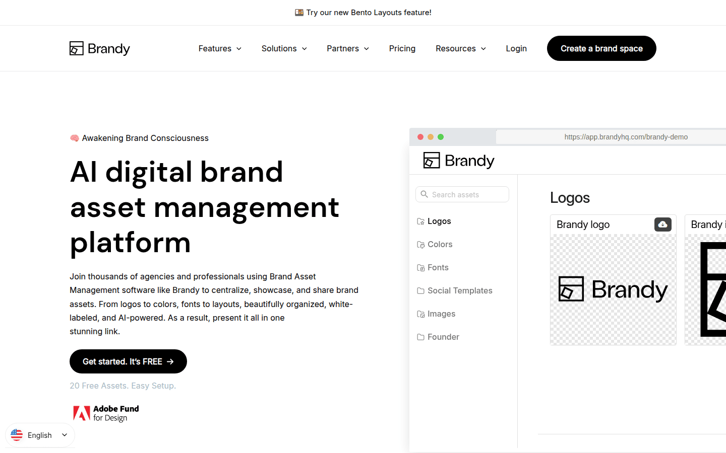 Screenshot of Brandy's brand asset management platform page, showing tiered plans and feature limits.