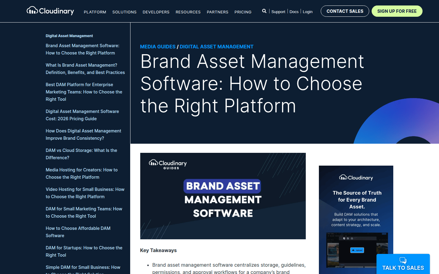 Screenshot of Cloudinary's guide on brand asset management software, discussing governance and transformation.