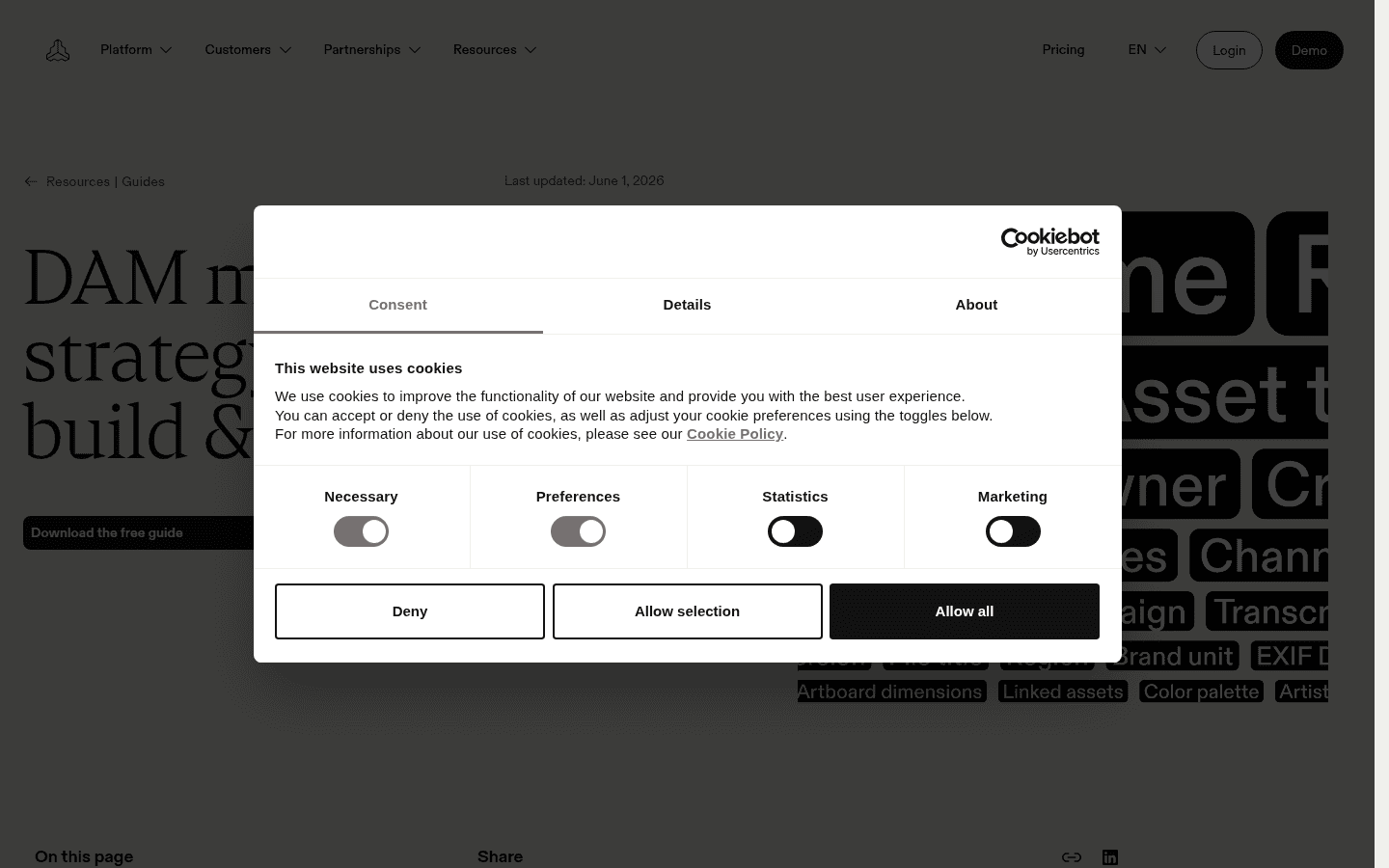 Screenshot of Frontify's guide on setting up metadata and tags, showing examples of metadata fields.