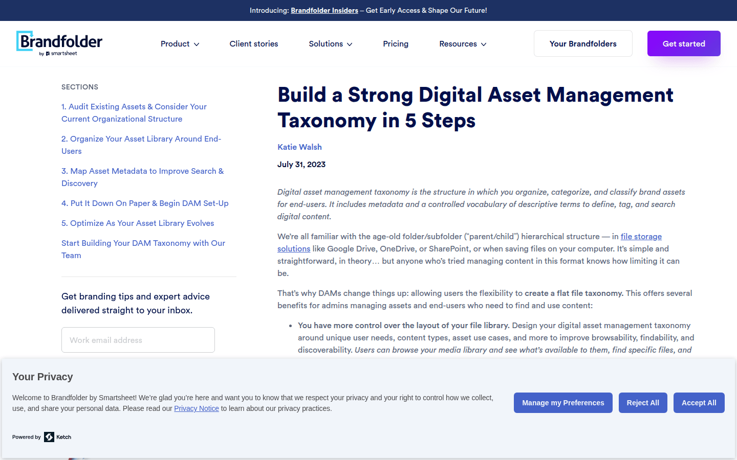 Screenshot of Brandfolder's guide on building a DAM taxonomy, showing hierarchical organization.