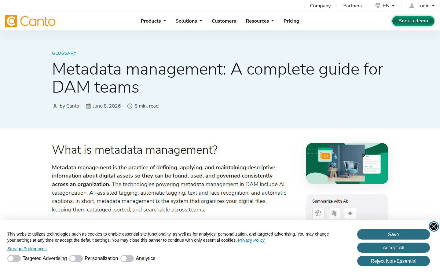 Screenshot of Canto's metadata management guide, highlighting bulk tagging features.