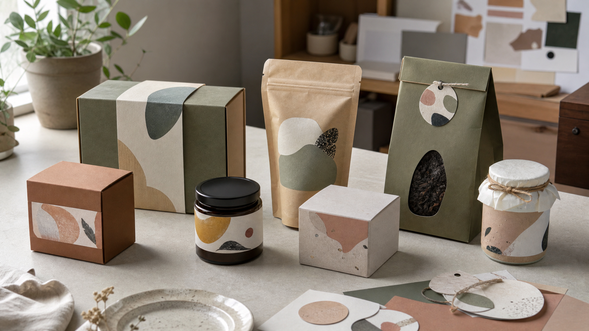 Finished small-business packaging prototypes arranged in a row on a worktable