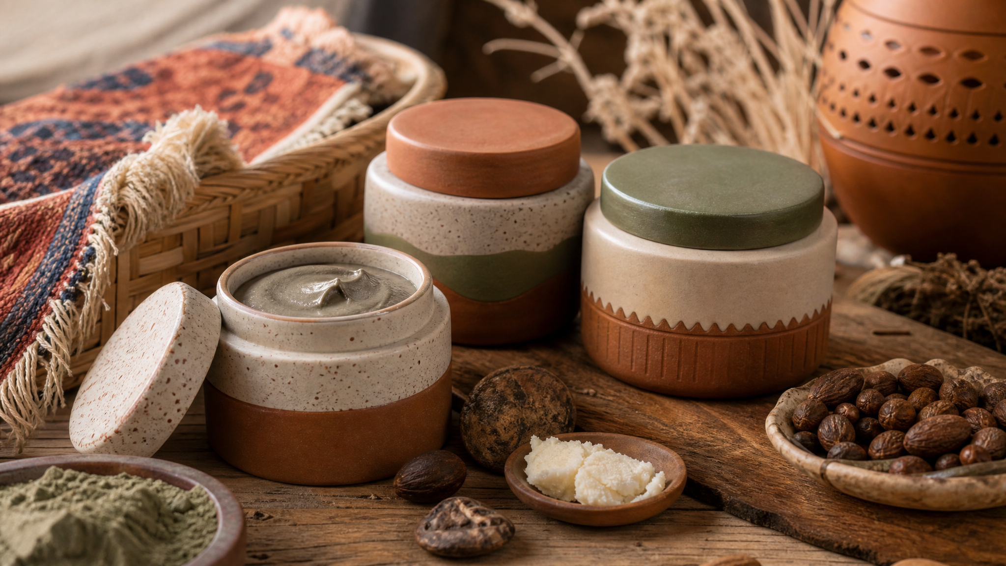 Close-up of handcrafted product containers and materials that suggest local character