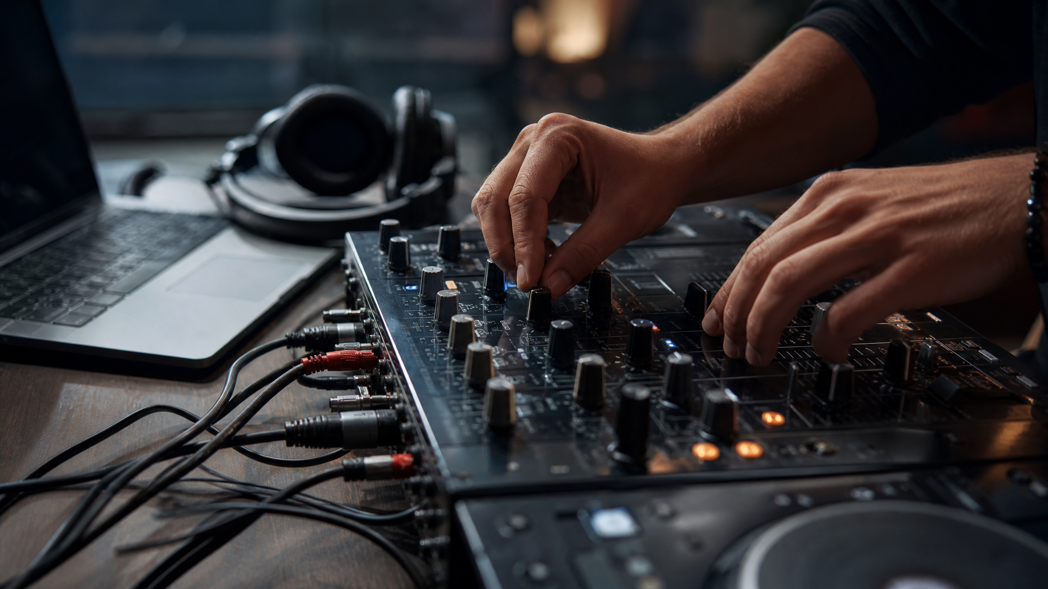 Close view of a DJ producer's hands adjusting mixer controls beside a laptop and studio headphones