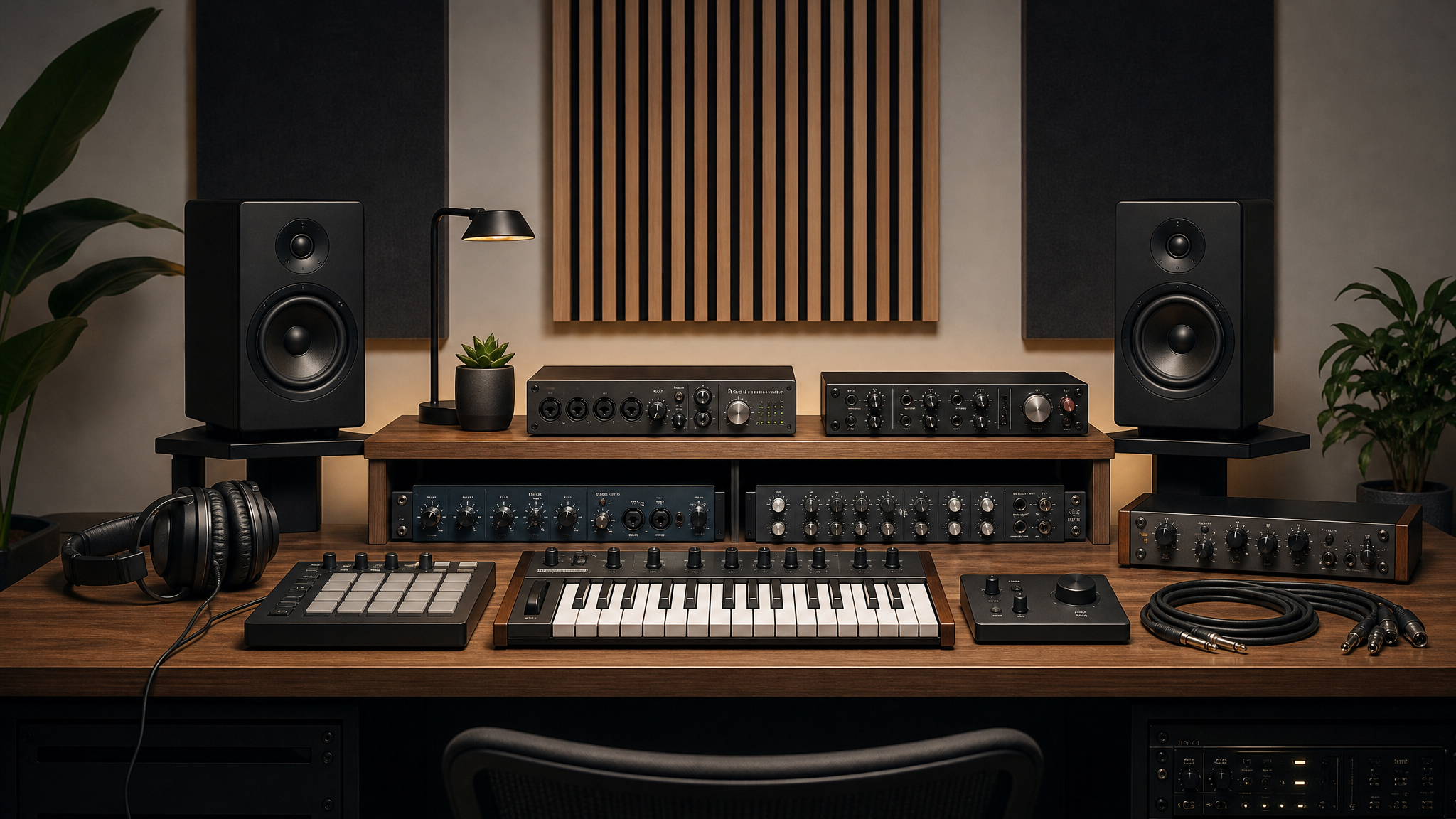Layered studio equipment arranged with clean order to suggest trust, control, and technical clarity