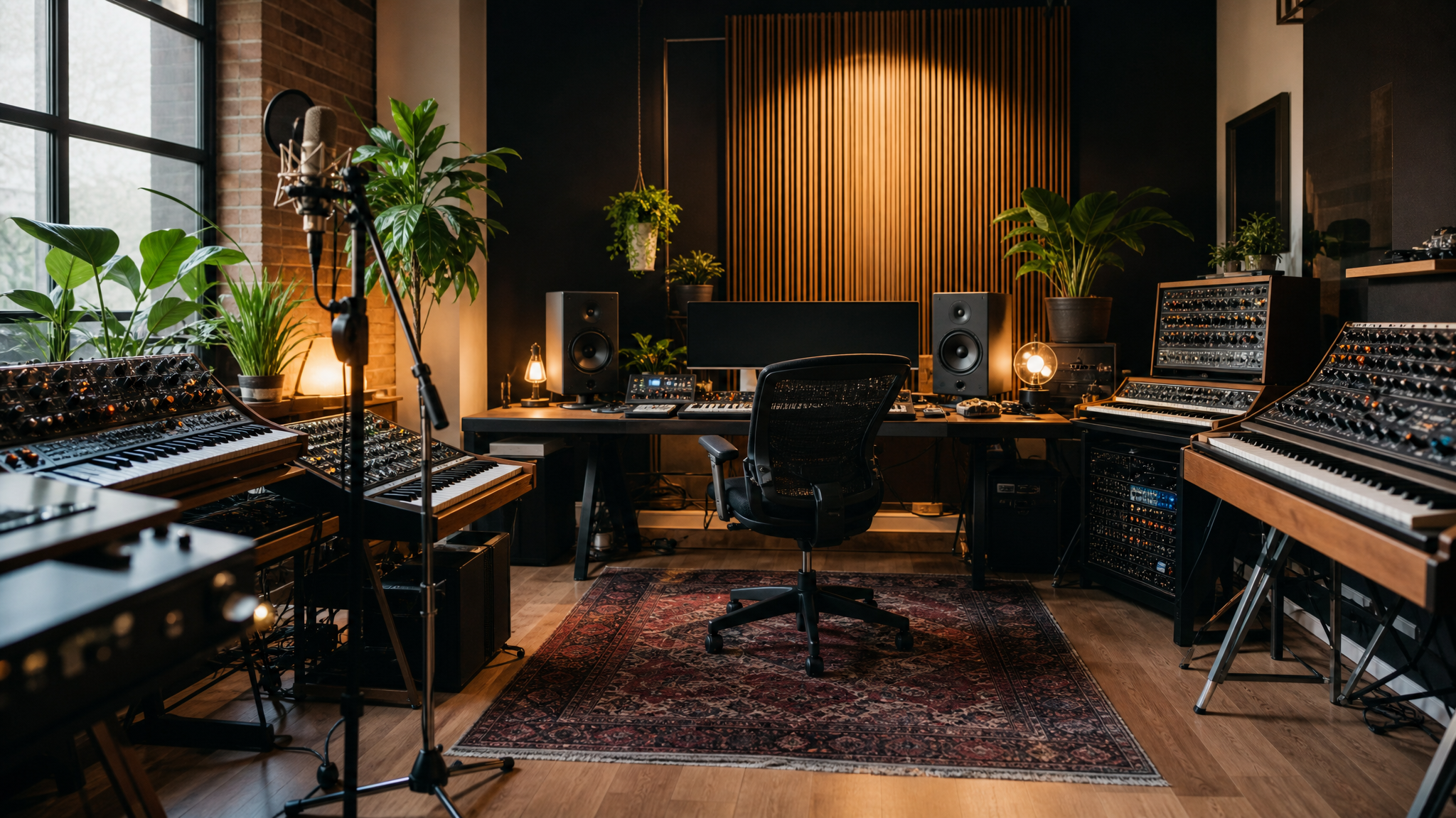 Wide music studio view with multiple instruments and recording tools organized into a coherent production setup