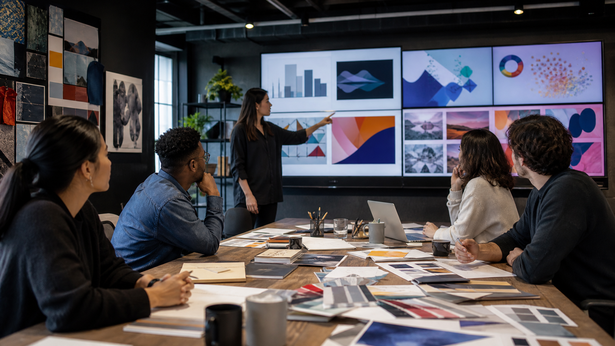 Creative operations room with analysts and designers reviewing campaign signals across multiple screens
