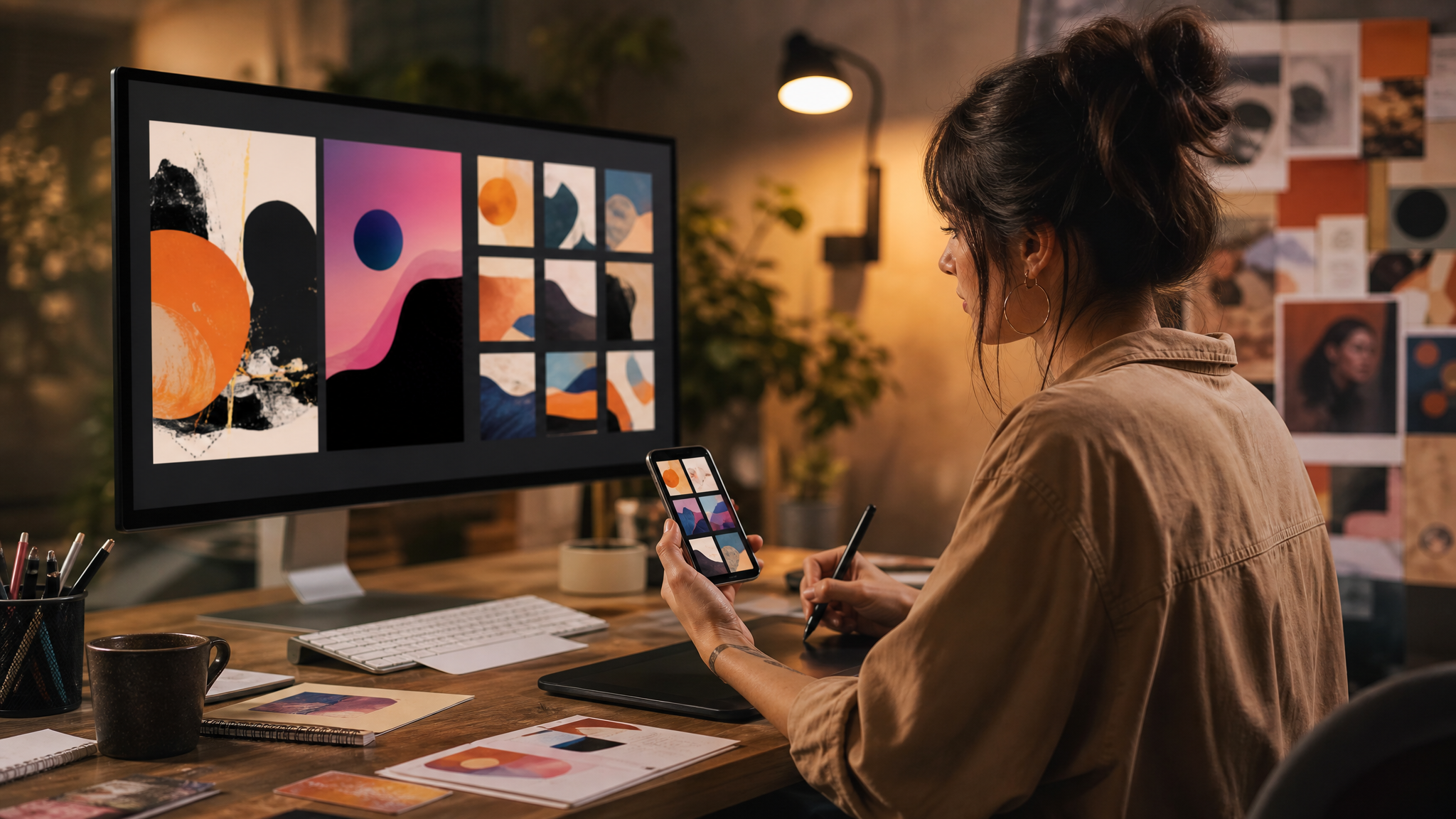 Phone-based social campaign assets being adapted quickly by a designer at a desk
