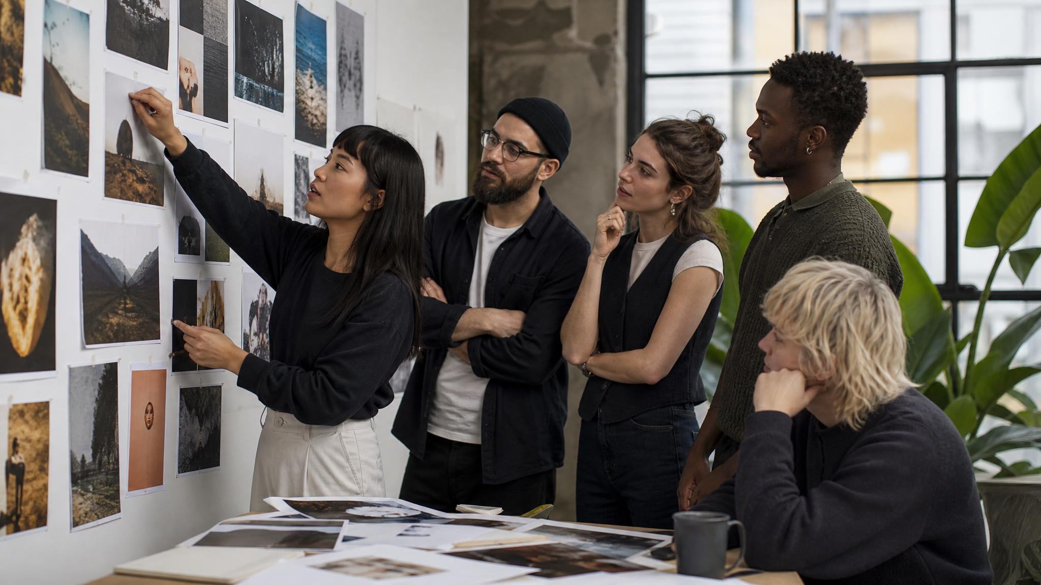 Creative team pinning image references and discussing tone before campaign launch