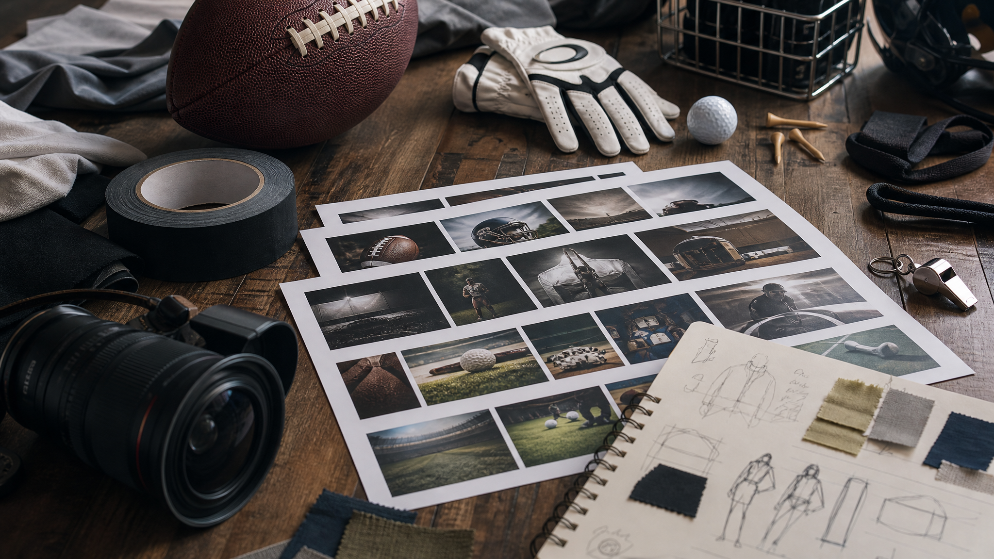 Sports campaign planning table with printed contact sheets, camera lens, tape marks, and mixed sports gear under studio lighting