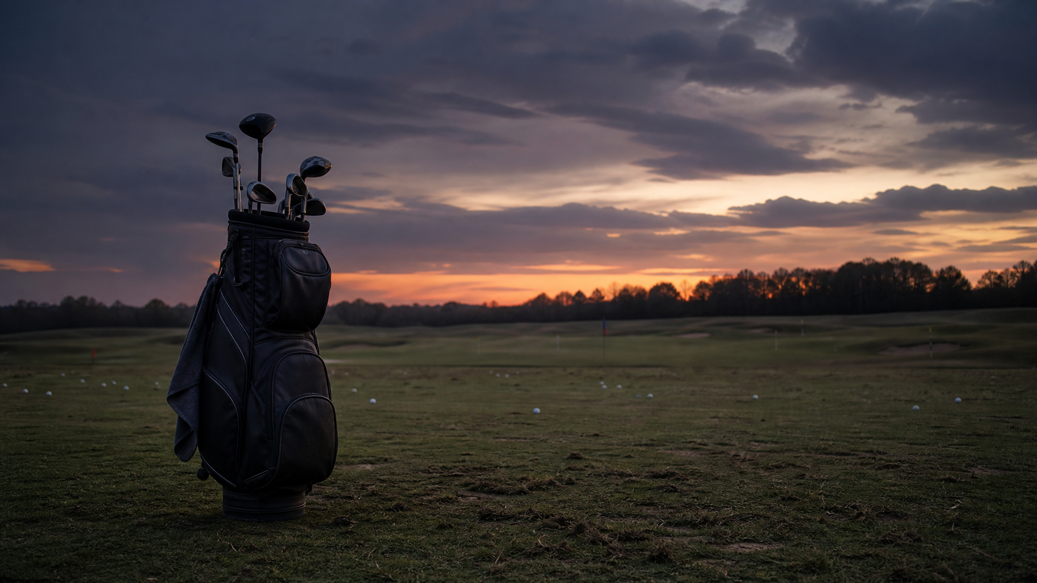 Empty golf practice area at dusk with one bag standing upright and disturbed grass in the foreground