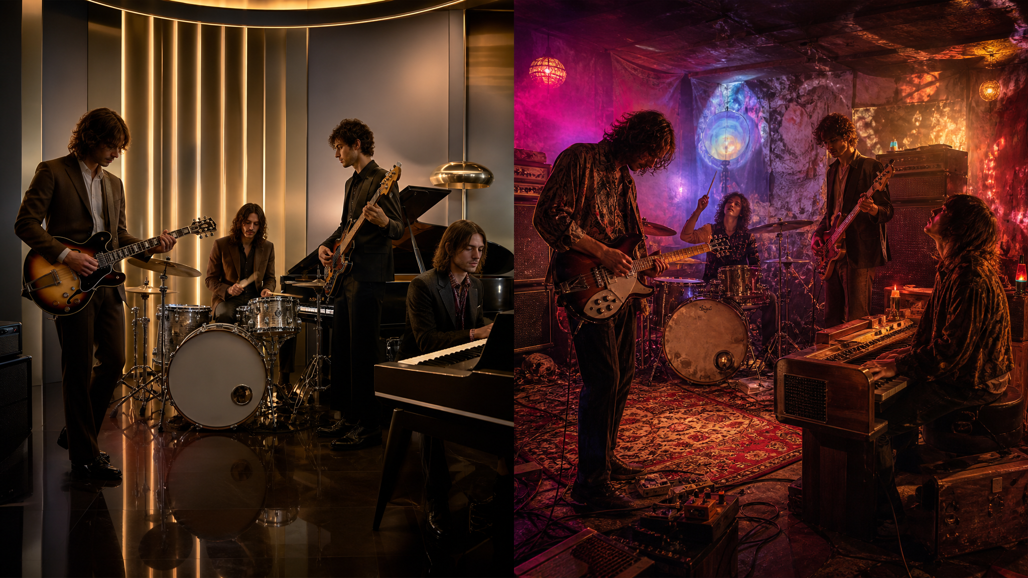 Split editorial composition contrasting a polished funk-inspired performance space with a rough psychedelic rock-inspired space