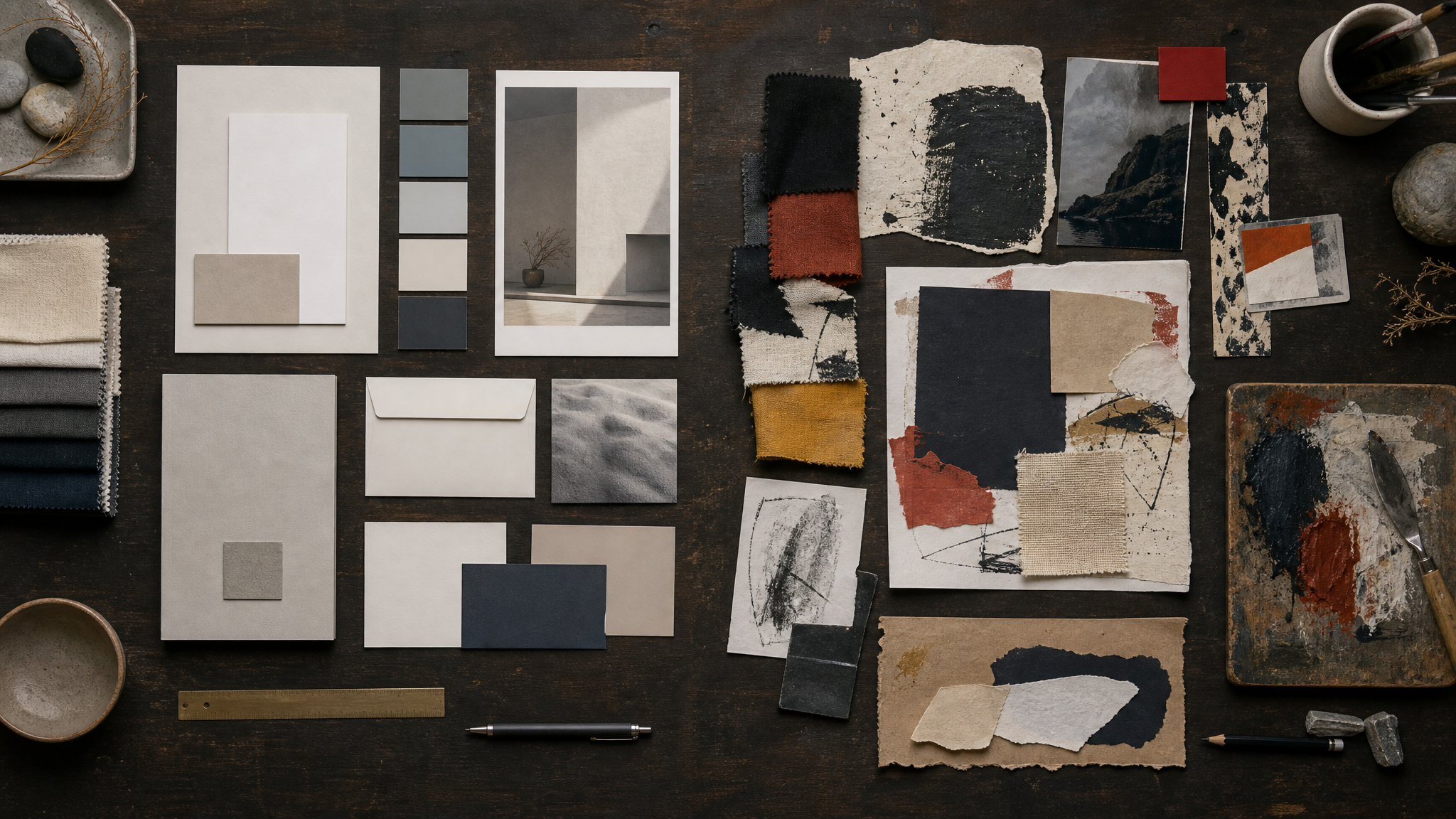 Design desk with two parallel brand systems laid out in contrasting materials and visual treatments