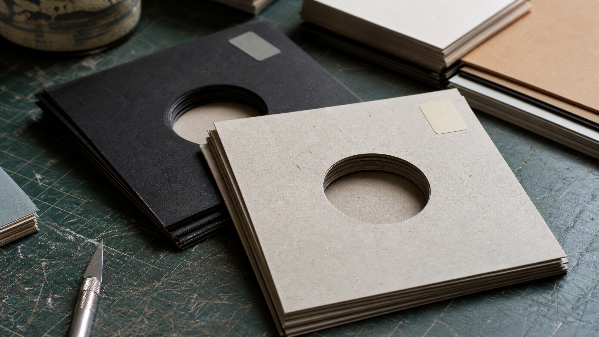Close-up of a die-cut paper sleeve with a circular opening and small adhesive label on a cutting mat