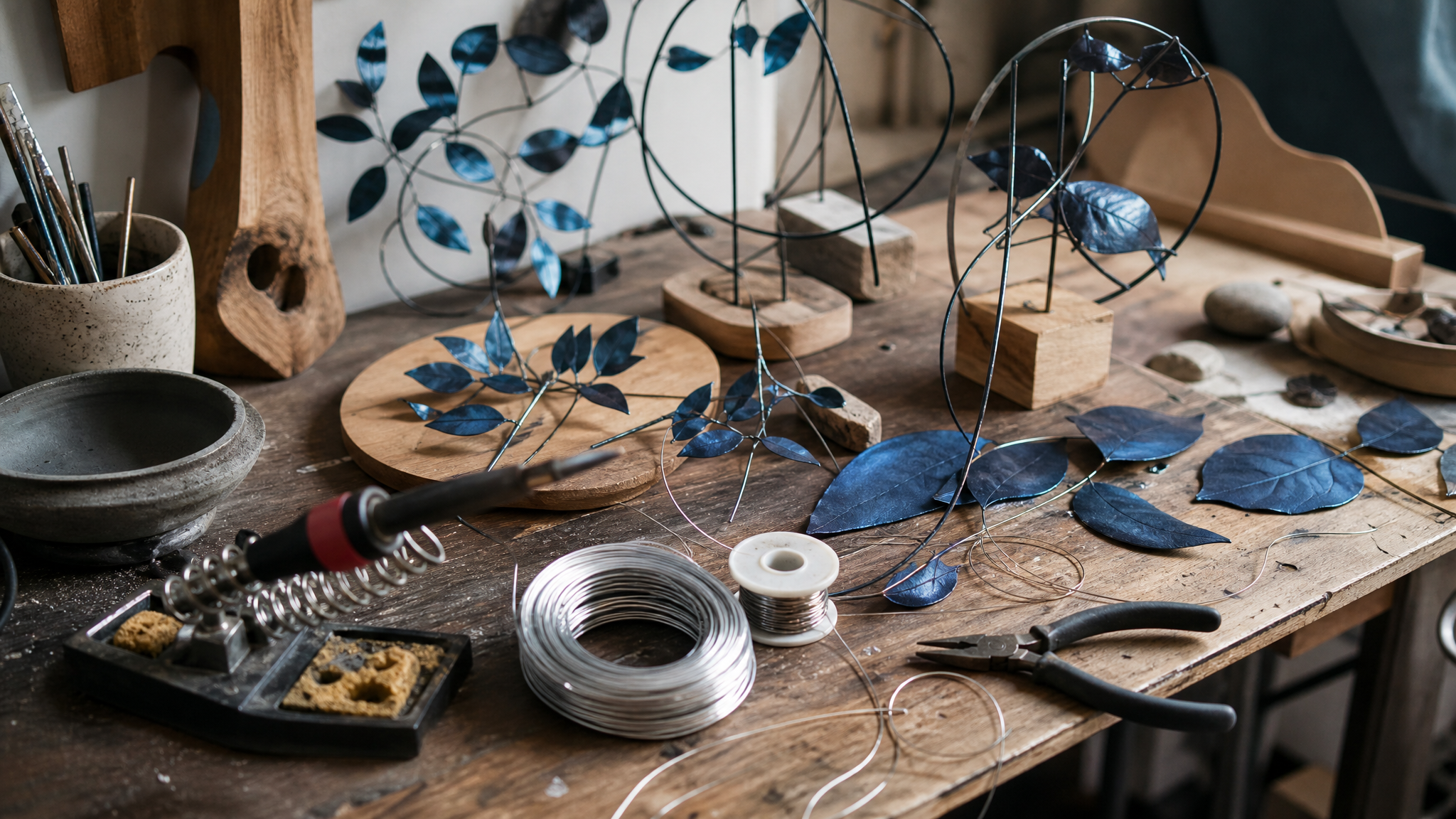 Designer’s workbench with spray-painted leaves, soldering iron, wire, and handmade assembly materials