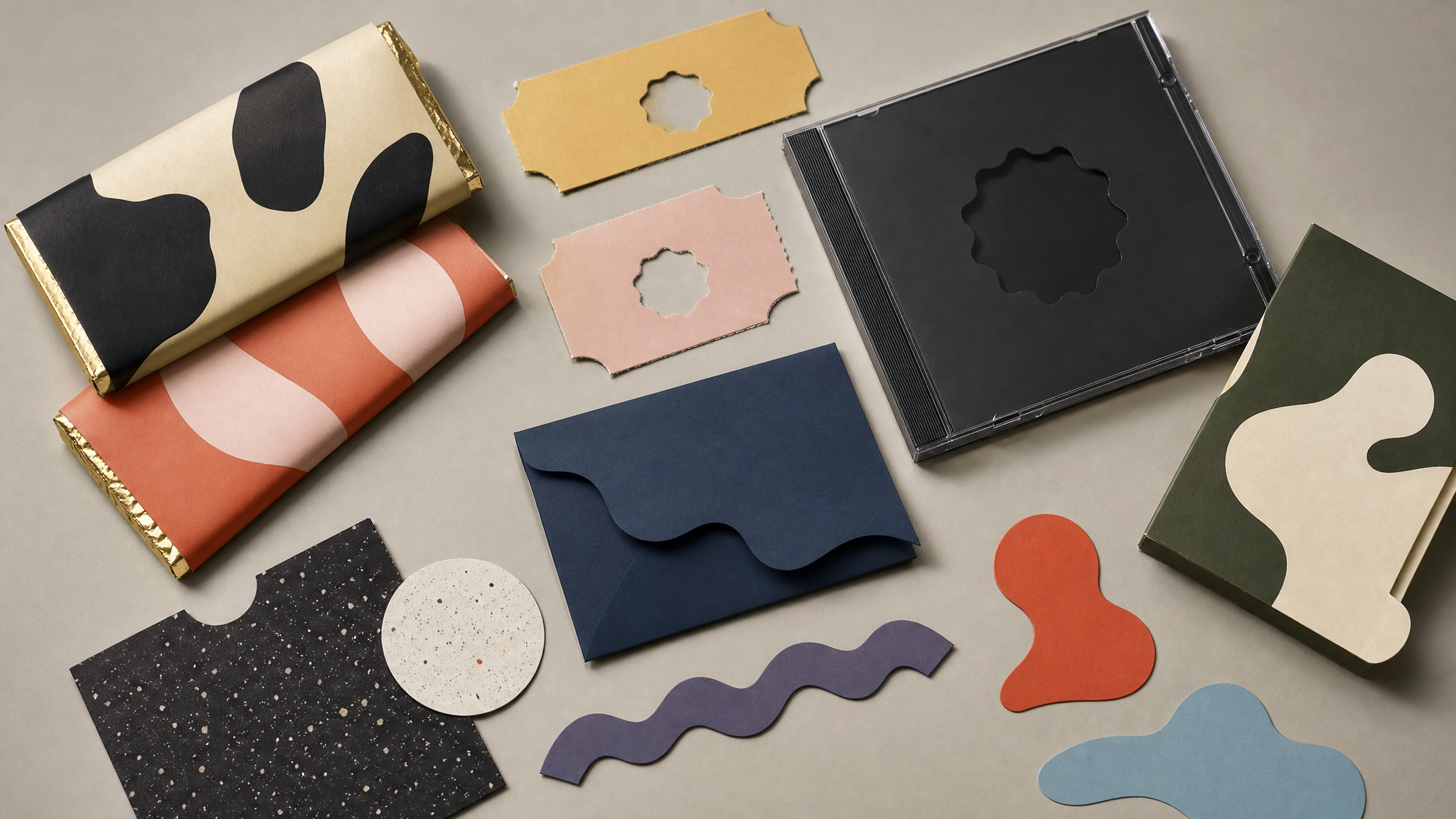 Collection of playful packaging objects including chocolate bars, dark jewel case, and ticket-like inserts arranged on a neutral surface