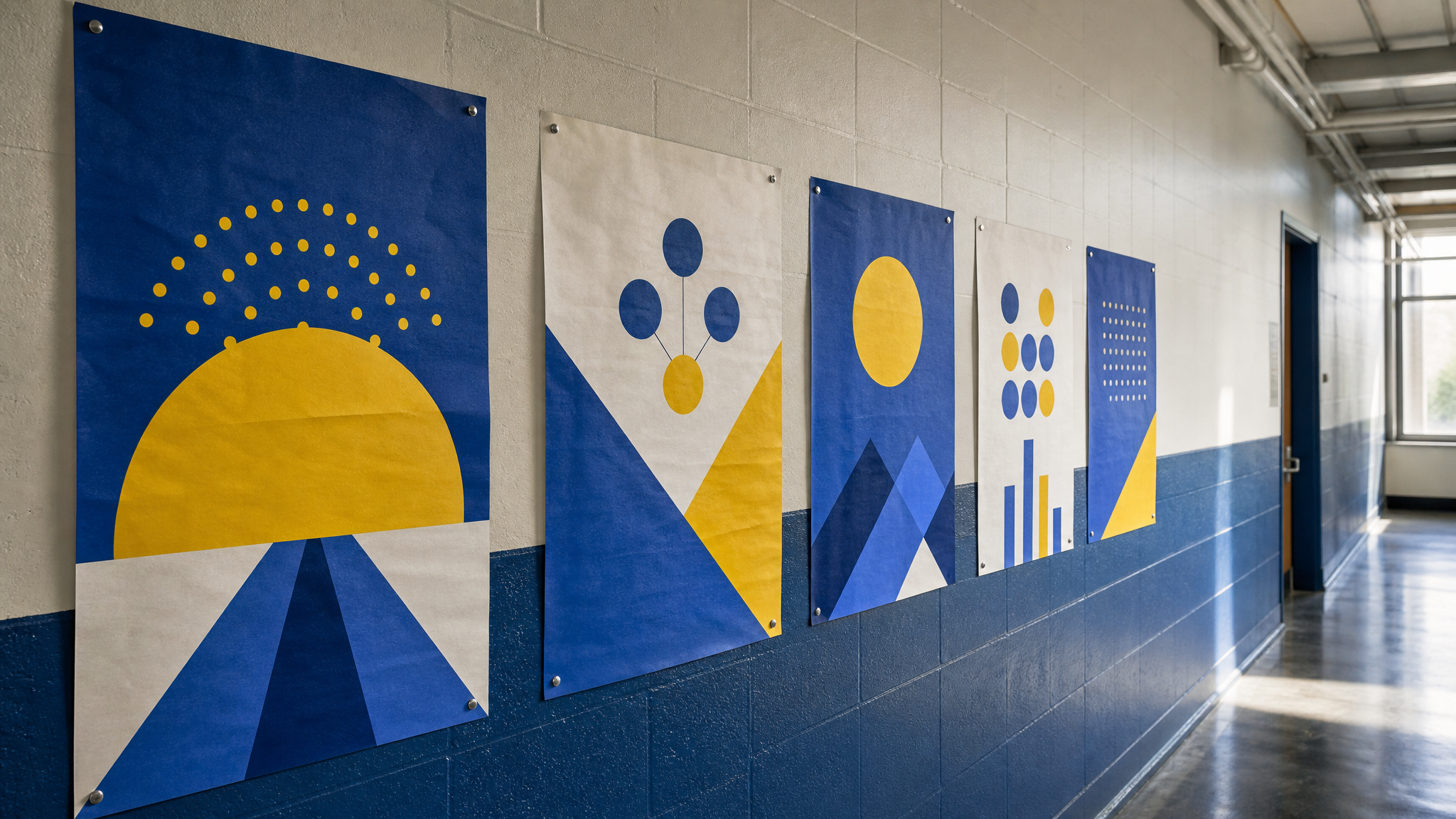 Pinned generic campaign-style posters in a hallway using bold color contrast and diagram-like layouts
