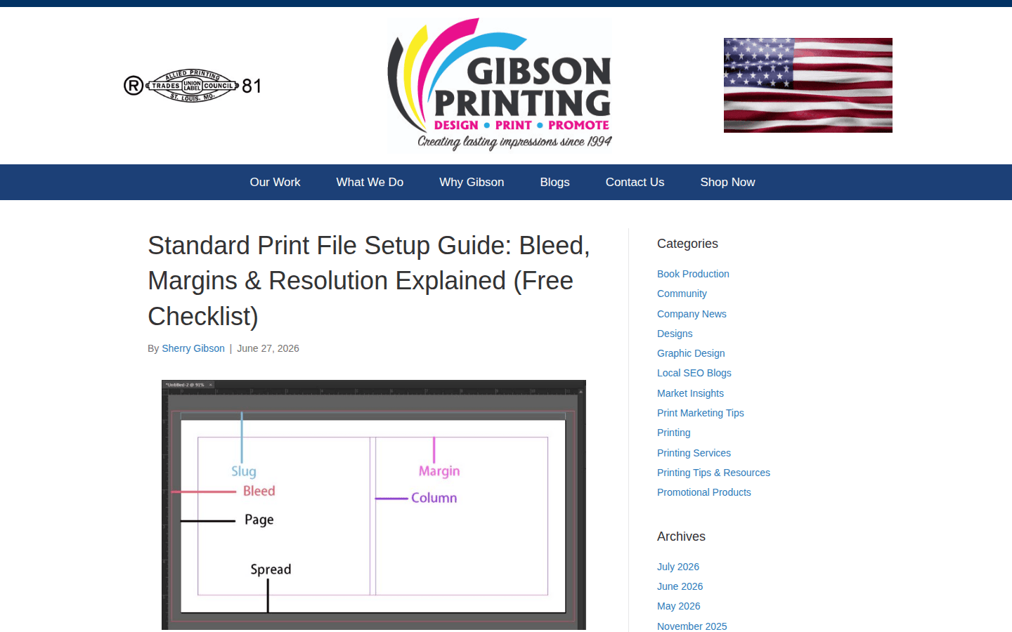 Screenshot of Gibson Printing's guide on print file setup, highlighting resolution requirements.