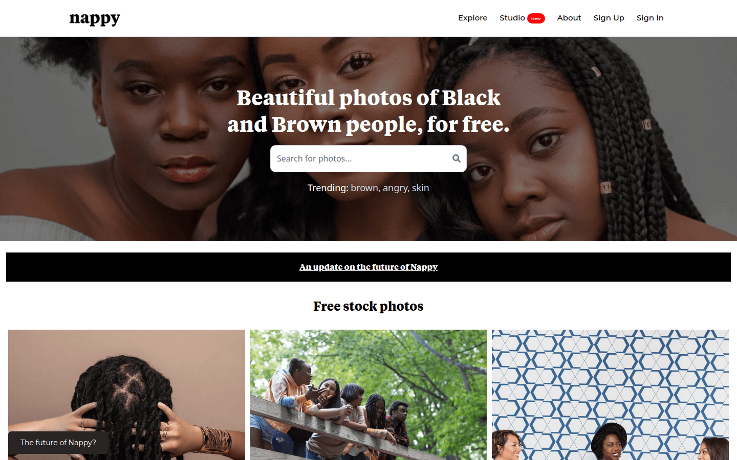 Screenshot of Nappy homepage showing diverse stock photos of Black and Brown people.