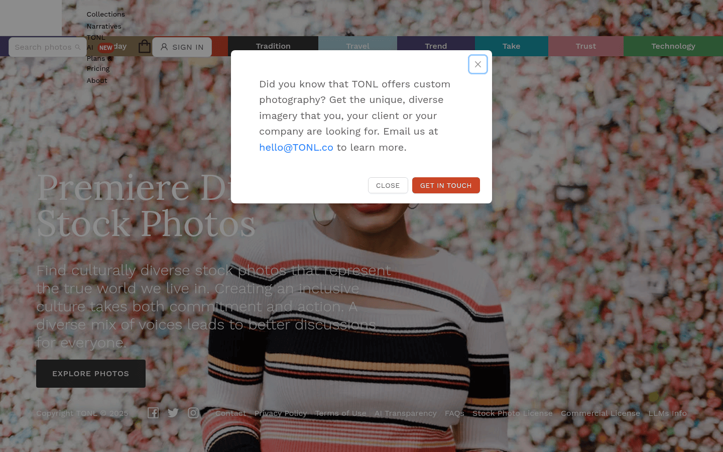 Screenshot of TONL homepage featuring culturally diverse stock photos.