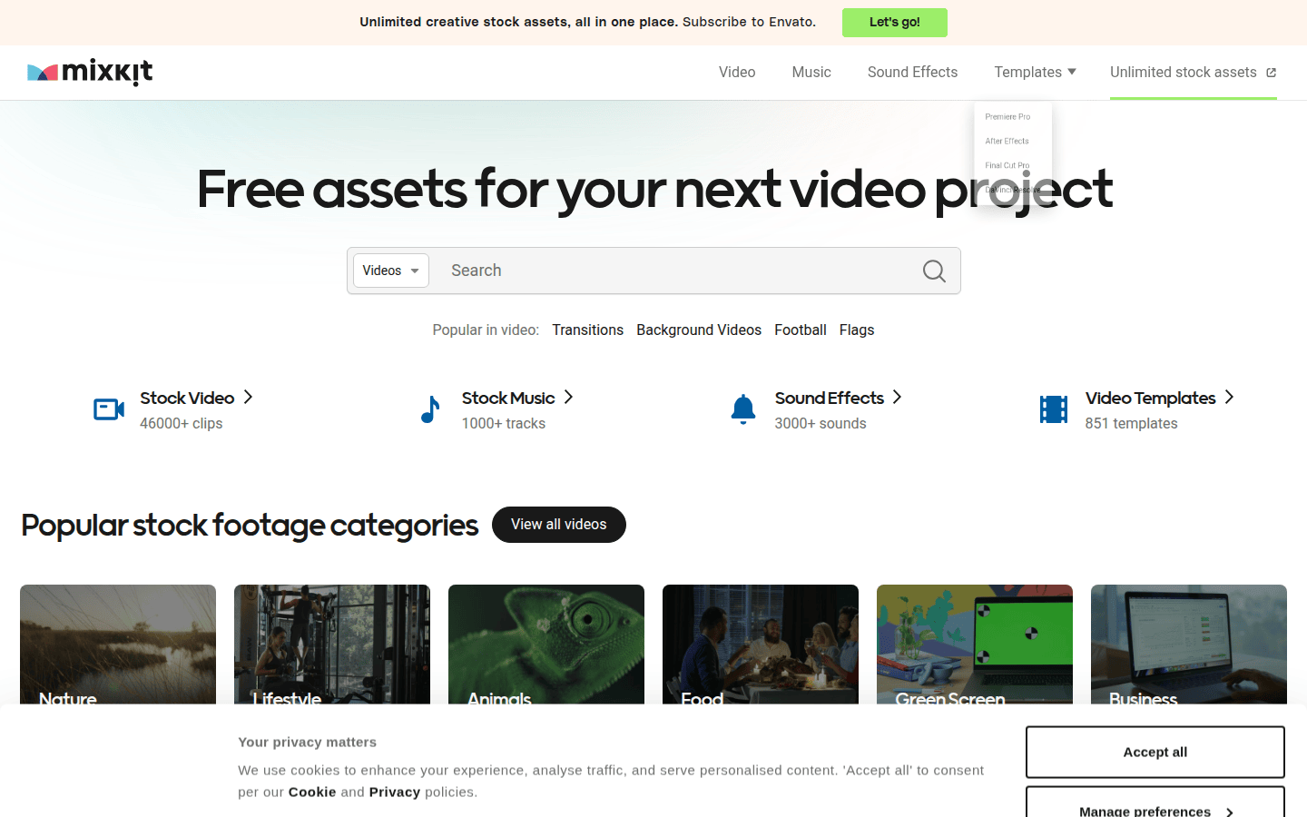 Mixkit homepage showing various video clips available for download.