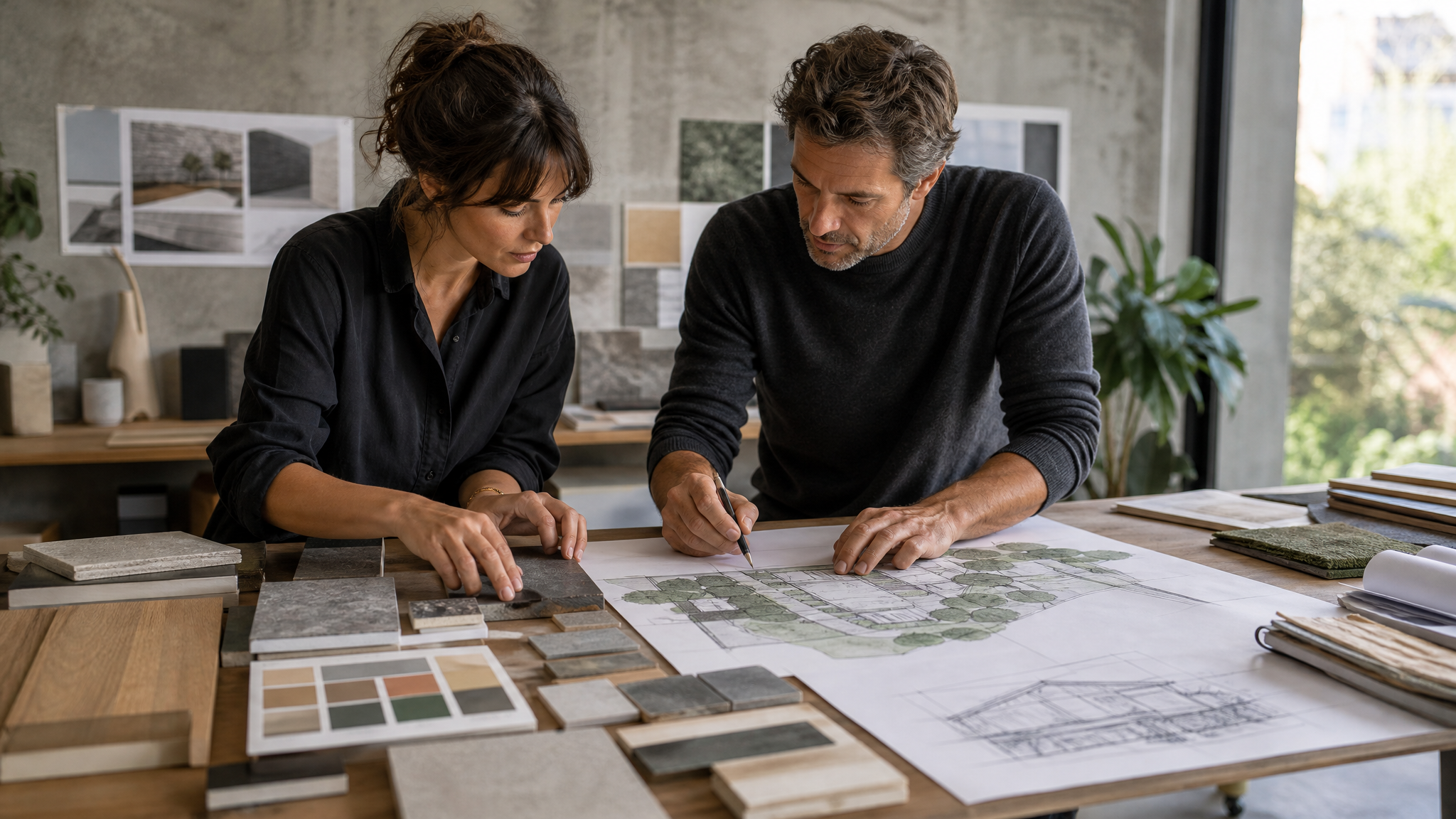 Designer and architect reviewing material samples and large-scale color studies over a site plan