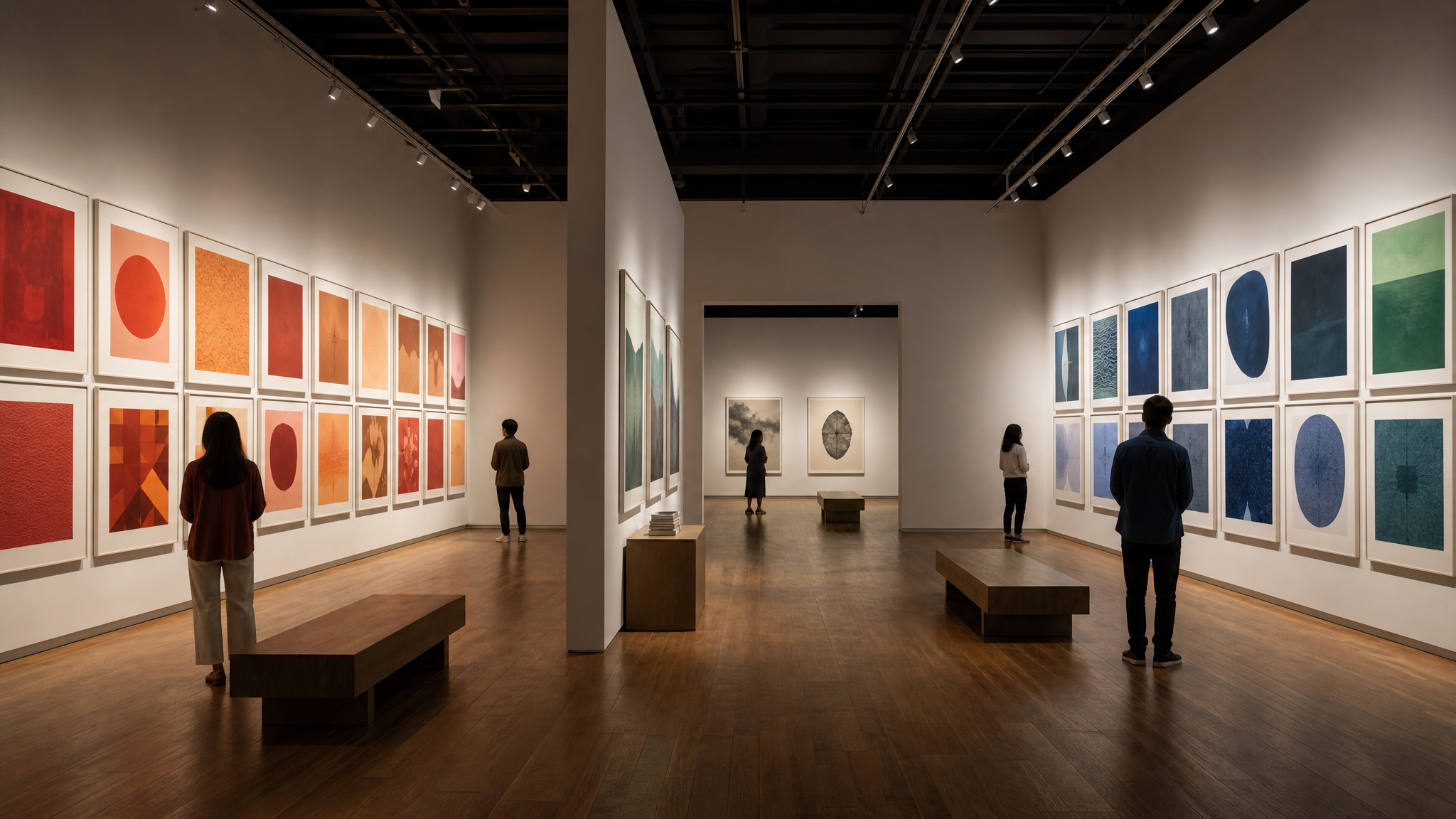 Gallery wall of posters grouped by warm and cool color families