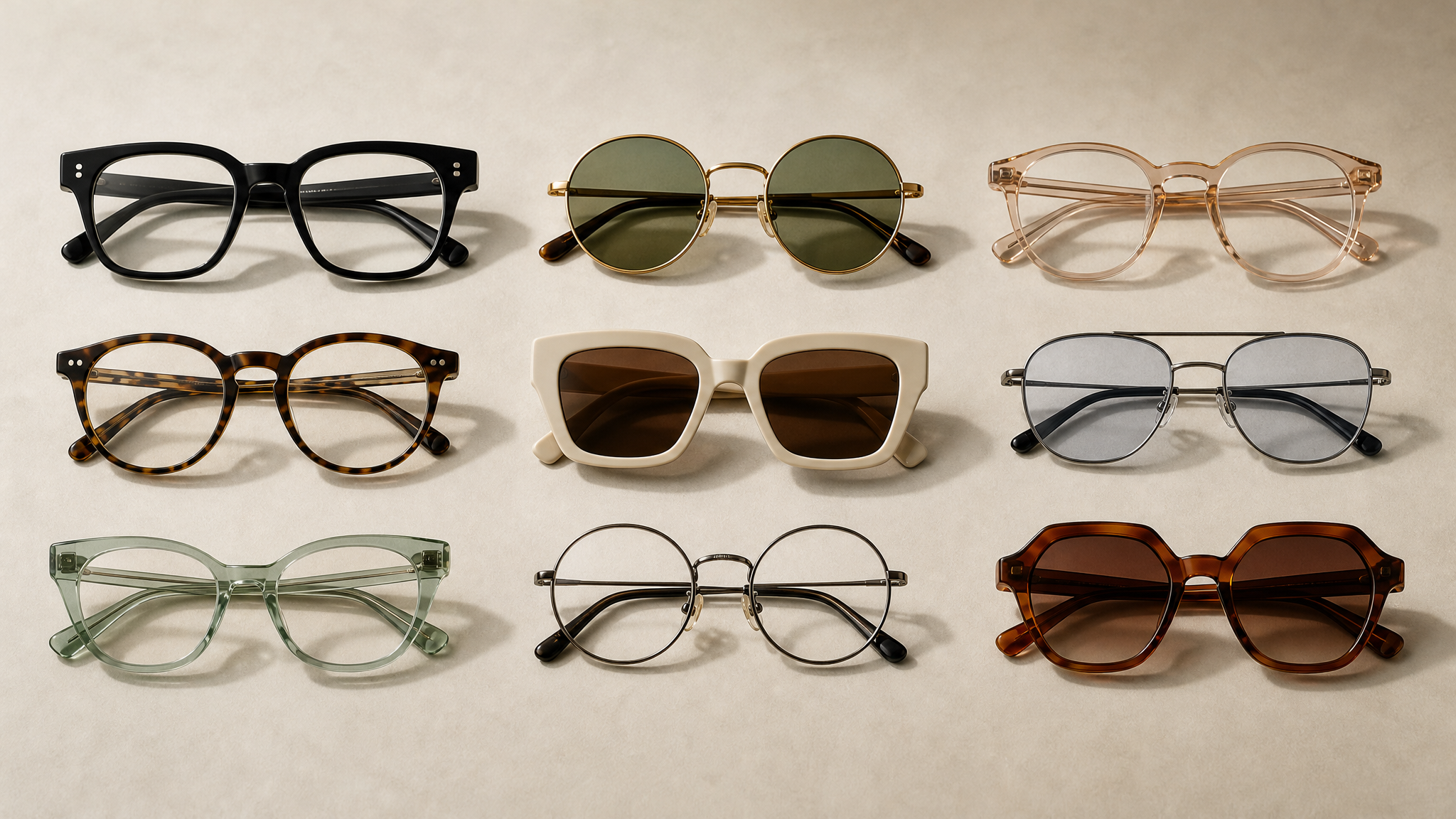 Close view of several distinct eyewear frames arranged in a grid-like editorial layout, showing differences in shape, material, and lens treatment