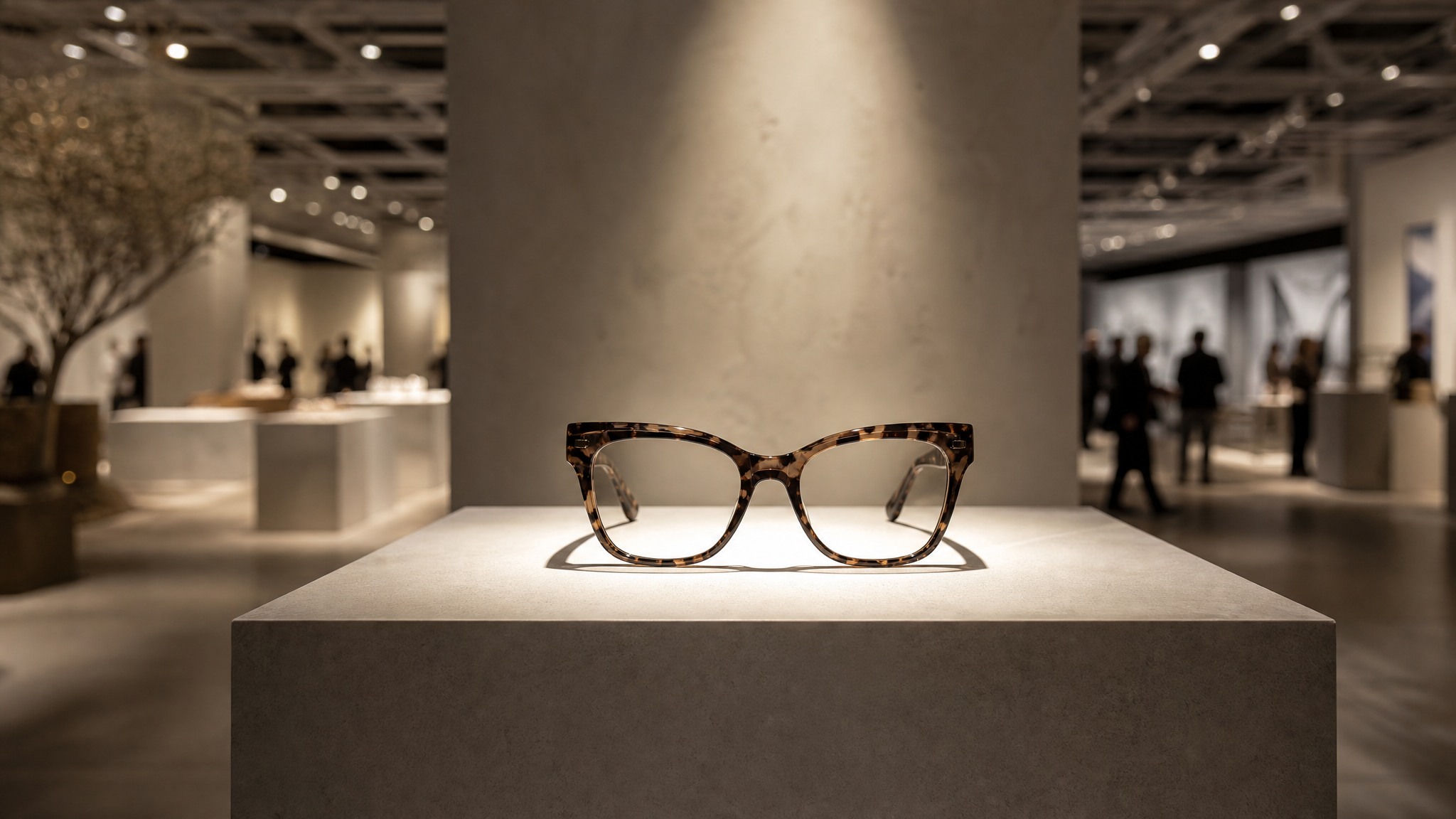 Minimal exhibition display featuring a single eyewear frame spotlighted on a pedestal in an open show-floor setting